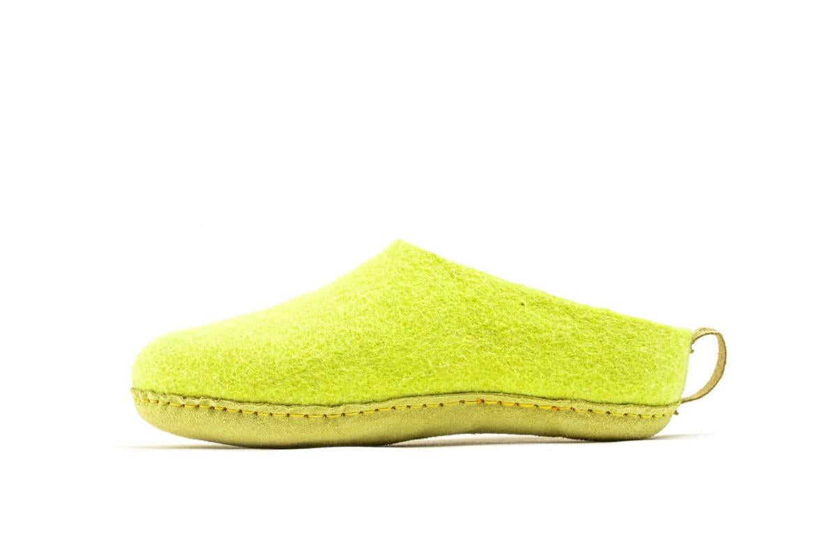 Indoor Open Heel Slippers With Leather Sole - Lime Green