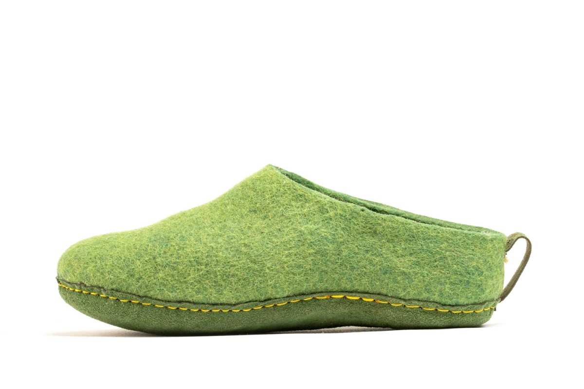 Indoor Open Heel Slippers With Leather Sole - Green