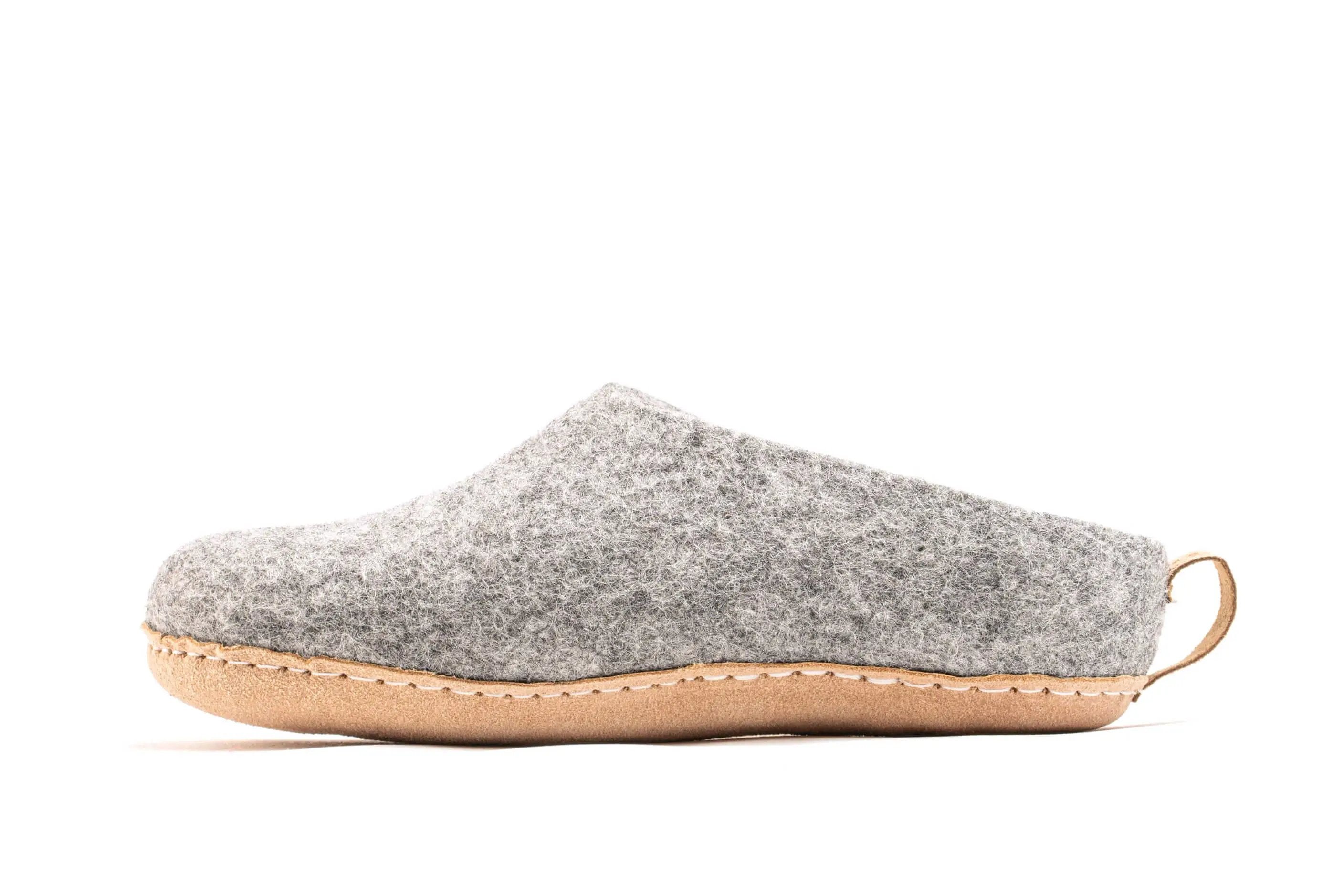 Indoor Open Heel Slippers With Leather Sole - Natural Grey