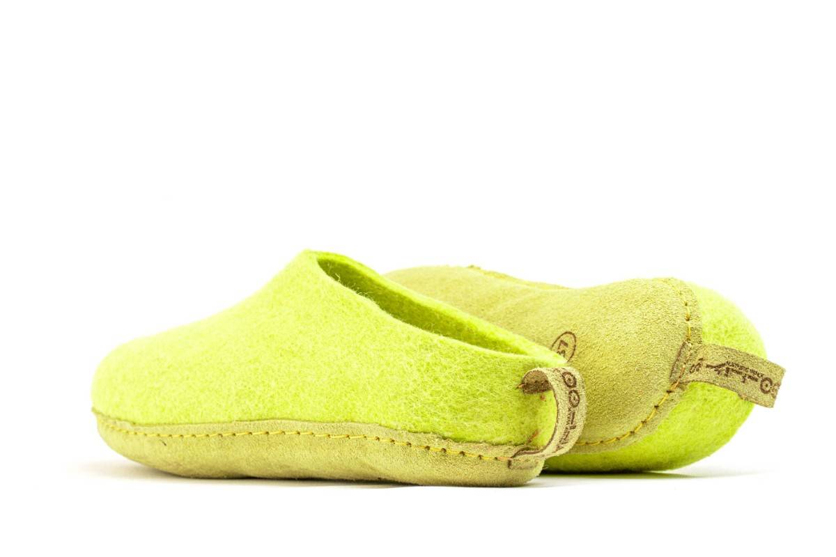 Indoor Open Heel Slippers With Leather Sole - Lime Green