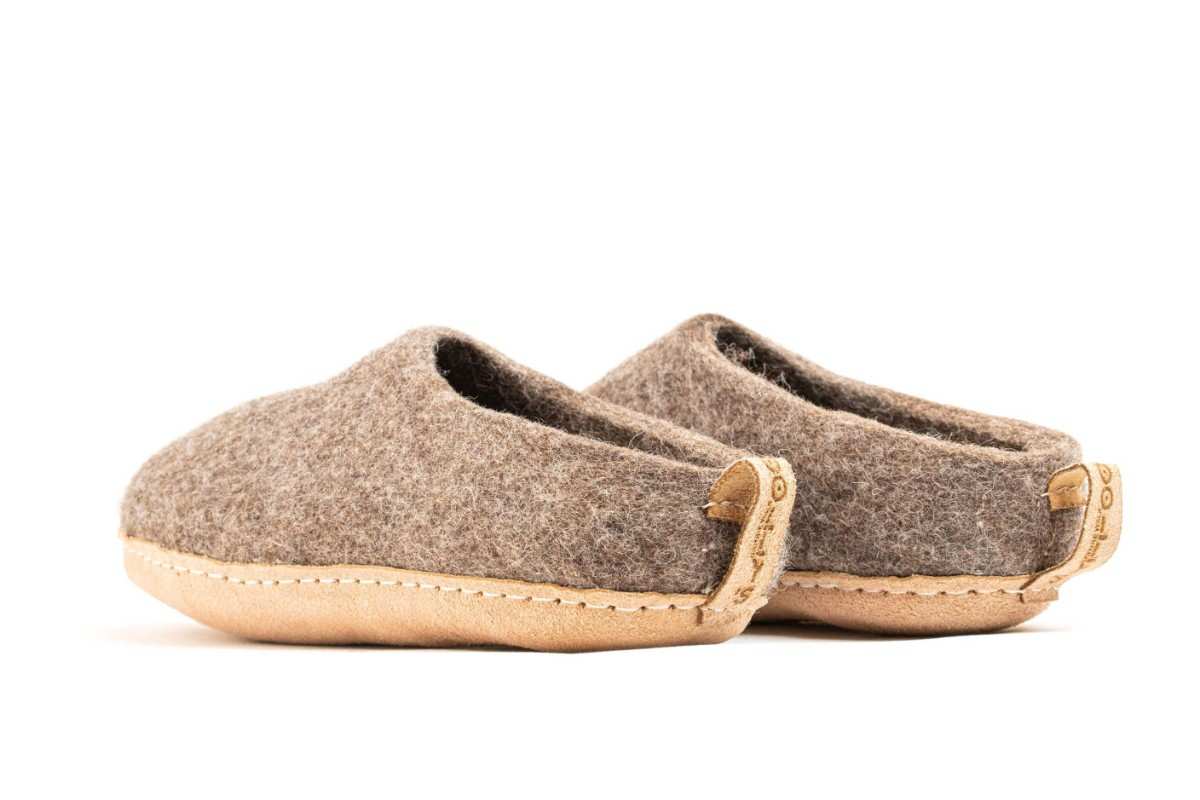 Indoor Open Heel Slippers With Leather Sole- Natural Brown