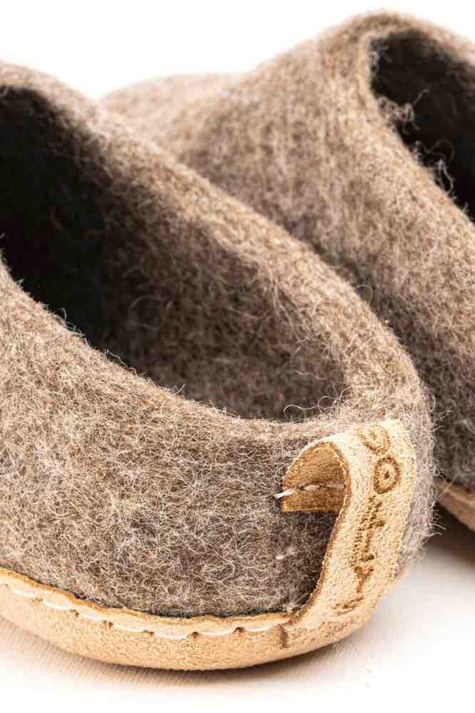 Indoor Open Heel Slippers With Leather Sole- Natural Brown