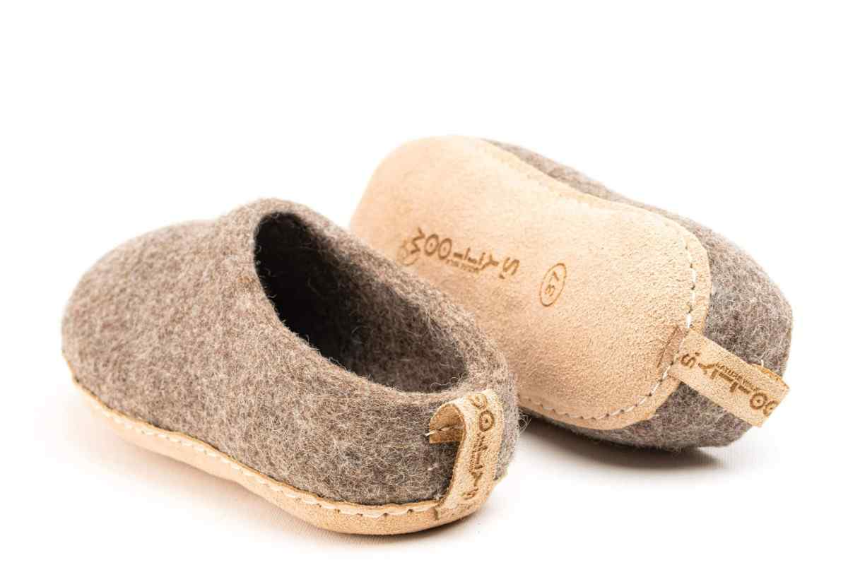 Indoor Open Heel Slippers With Leather Sole- Natural Brown