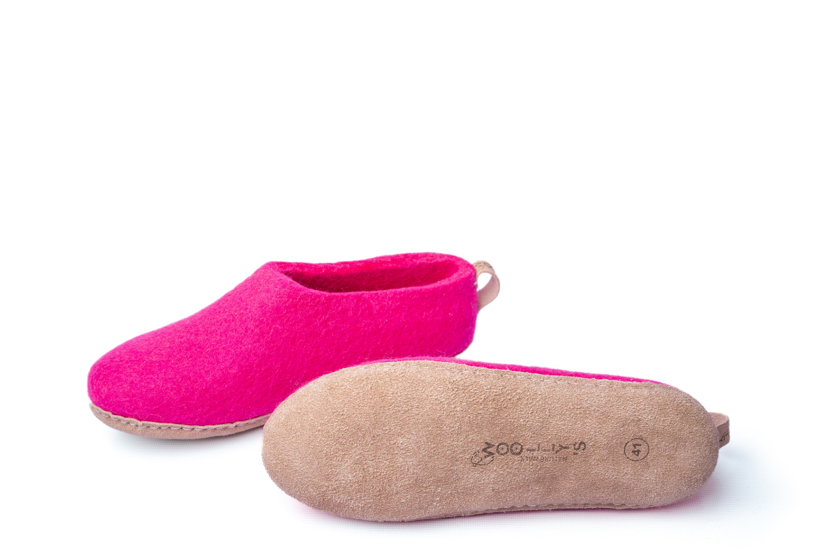 Chaussons d'intérieur à talon ouvert et semelle en cuir-Fuchsia