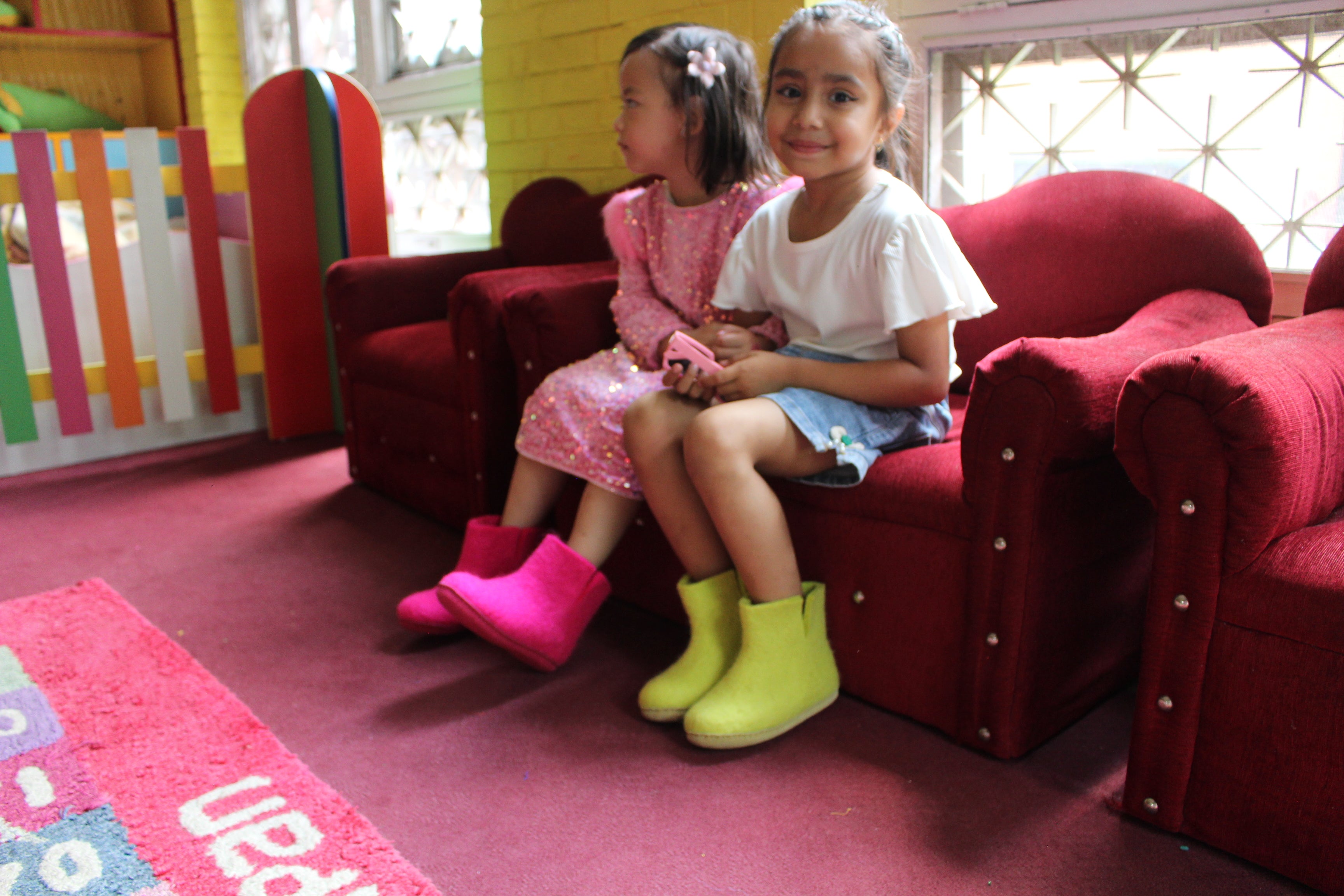 兒童室內靴,皮革鞋底 - 芥末黃