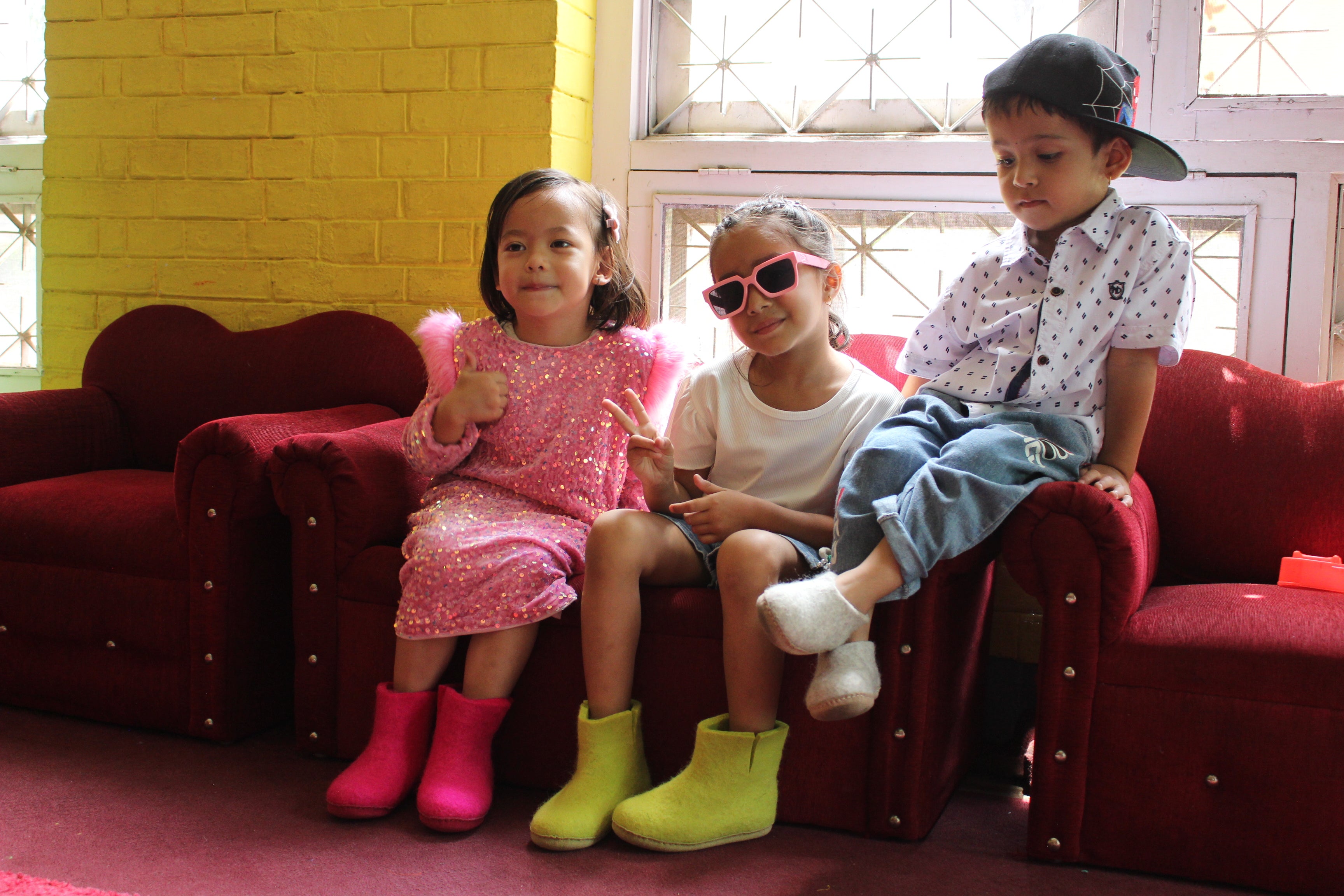 兒童室內靴,皮革鞋底 - 自然灰