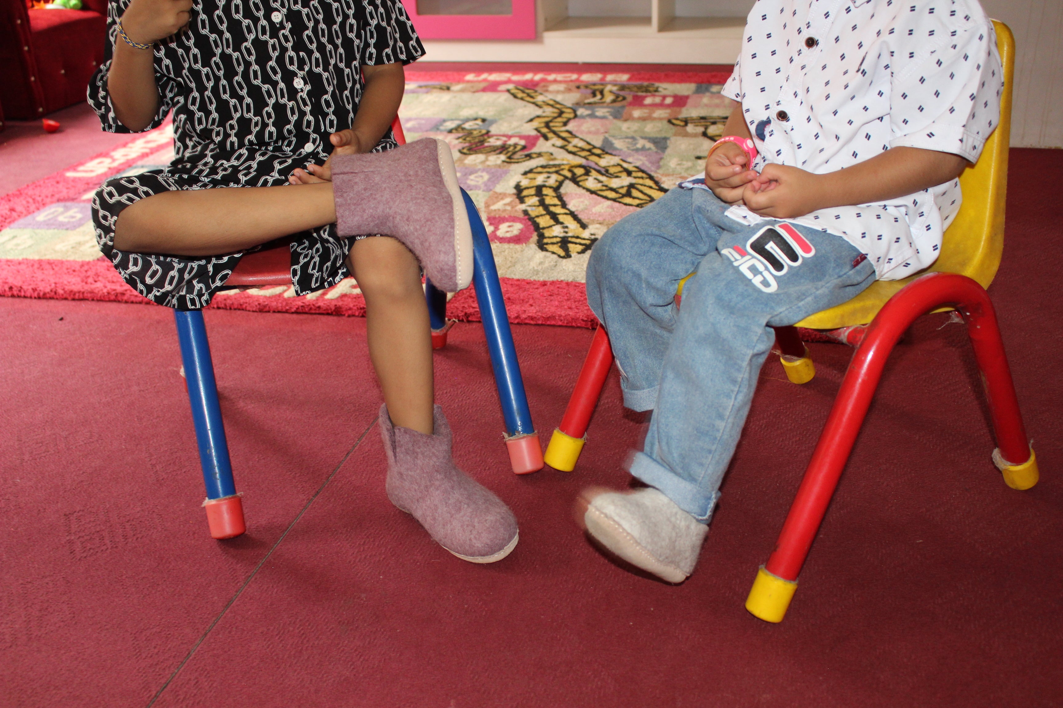 兒童室內靴,皮革鞋底 - 自然灰