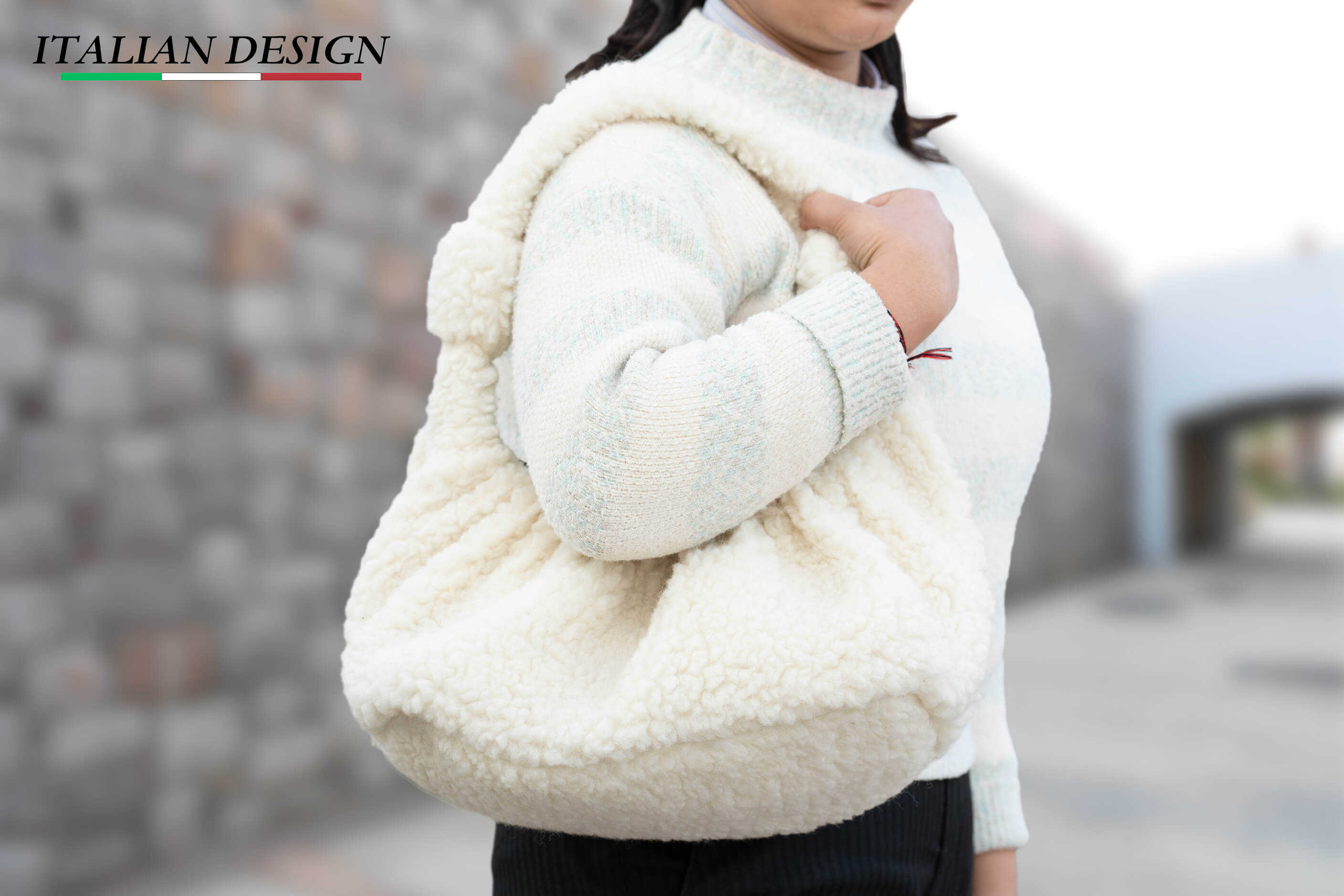 Woollyes Stylish Sherpa Woolen Tote Bags- White