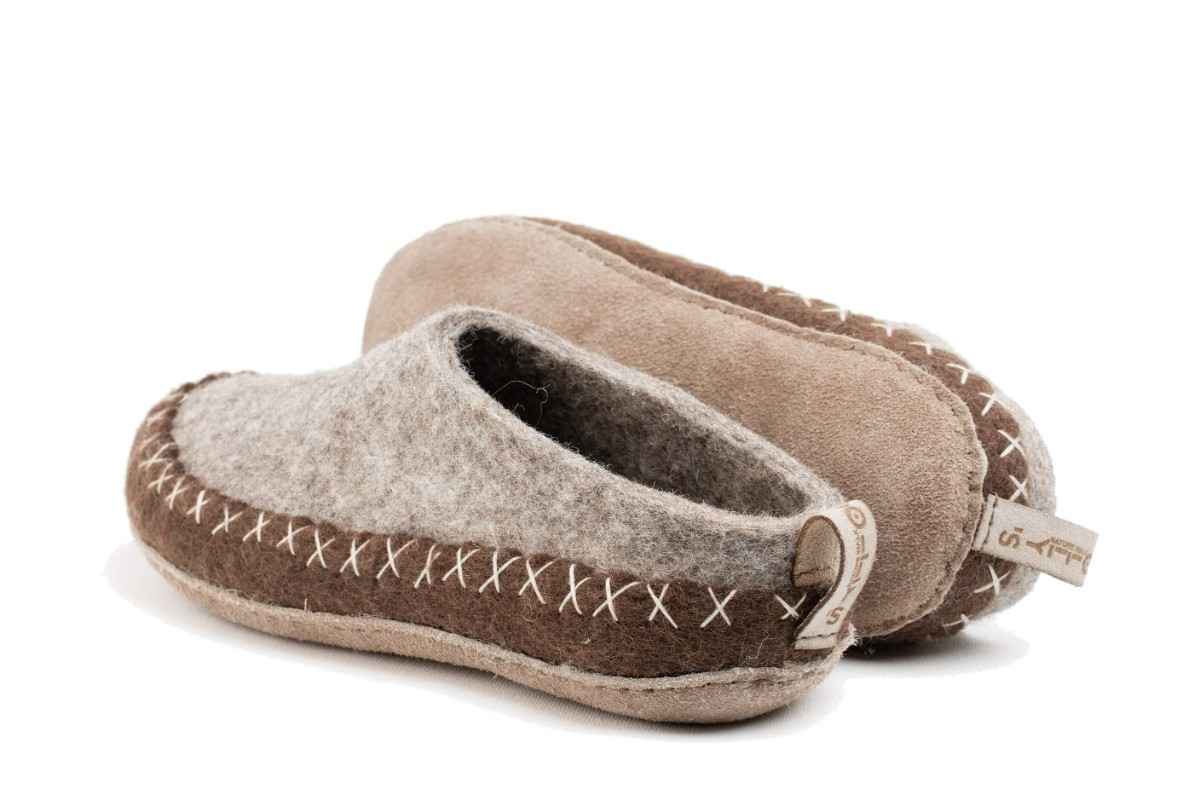 Indoor Open Heel Slipper With Leather Sole - Natural Brown & Light Brown
