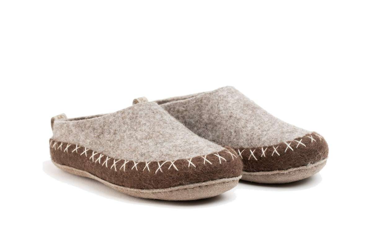 Indoor Open Heel Slipper With Leather Sole - Natural Brown & Light Brown