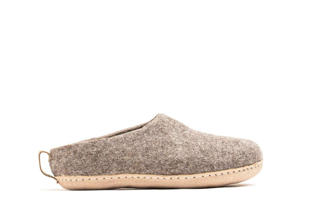 Indoor Open Heel Slippers With Leather Sole- Natural Brown