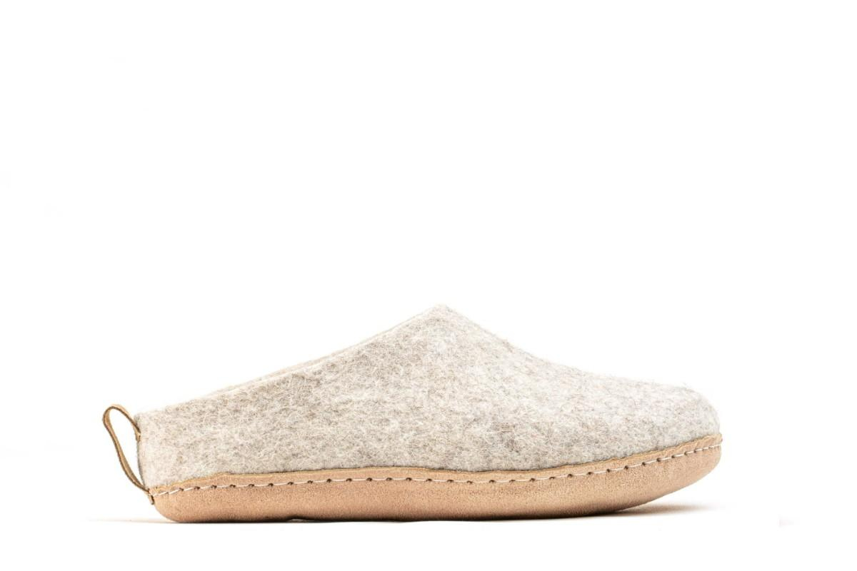 Indoor Open Heel Slippers With Leather Sole - Light Brown