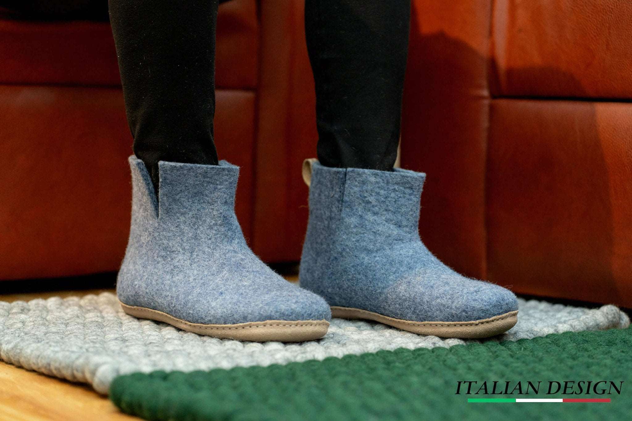 Indoor Boots With Leather Sole - Denim - Woollyes