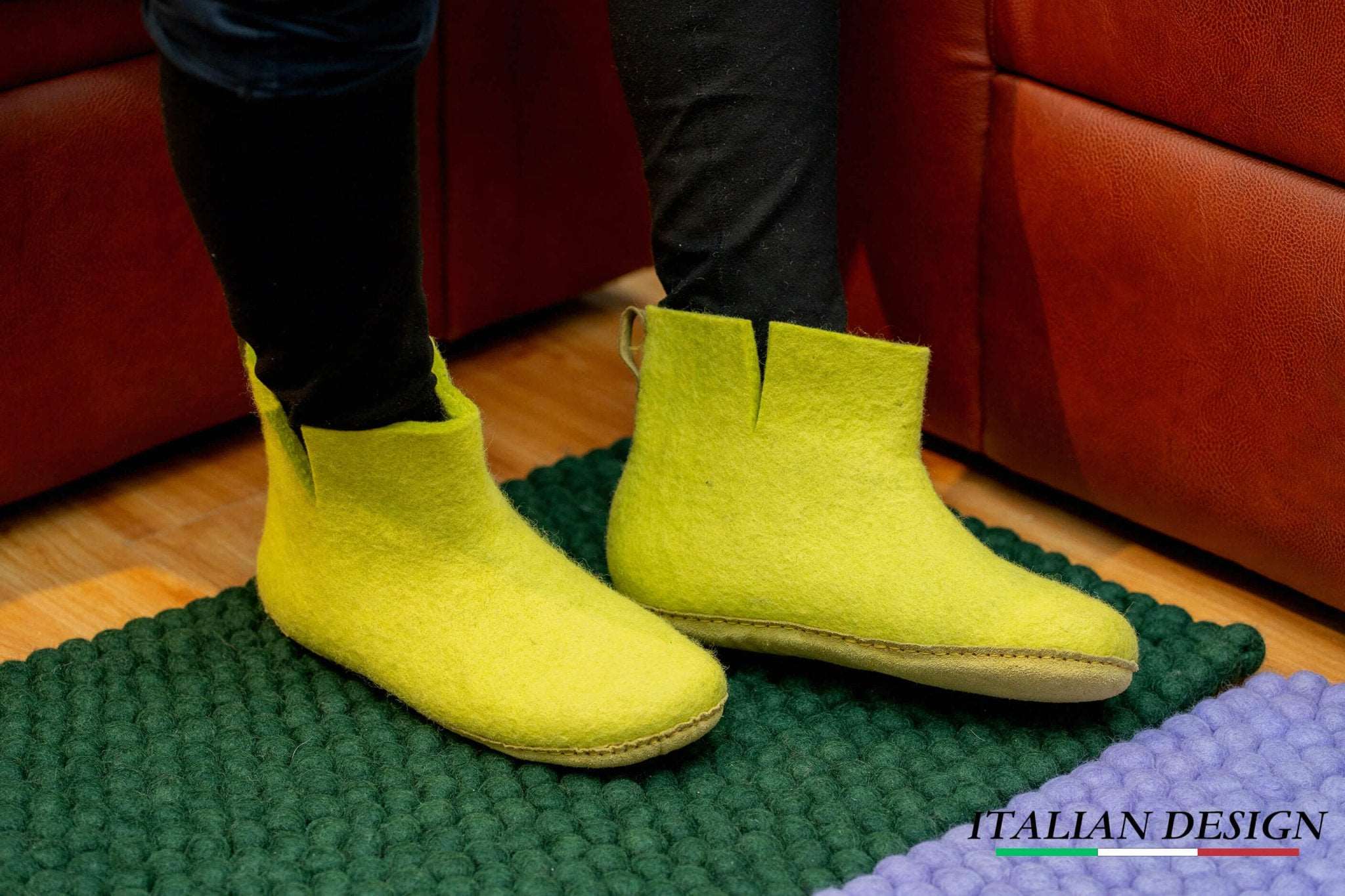 Indoor Boots With Leather Sole - Lime Green - Woollyes