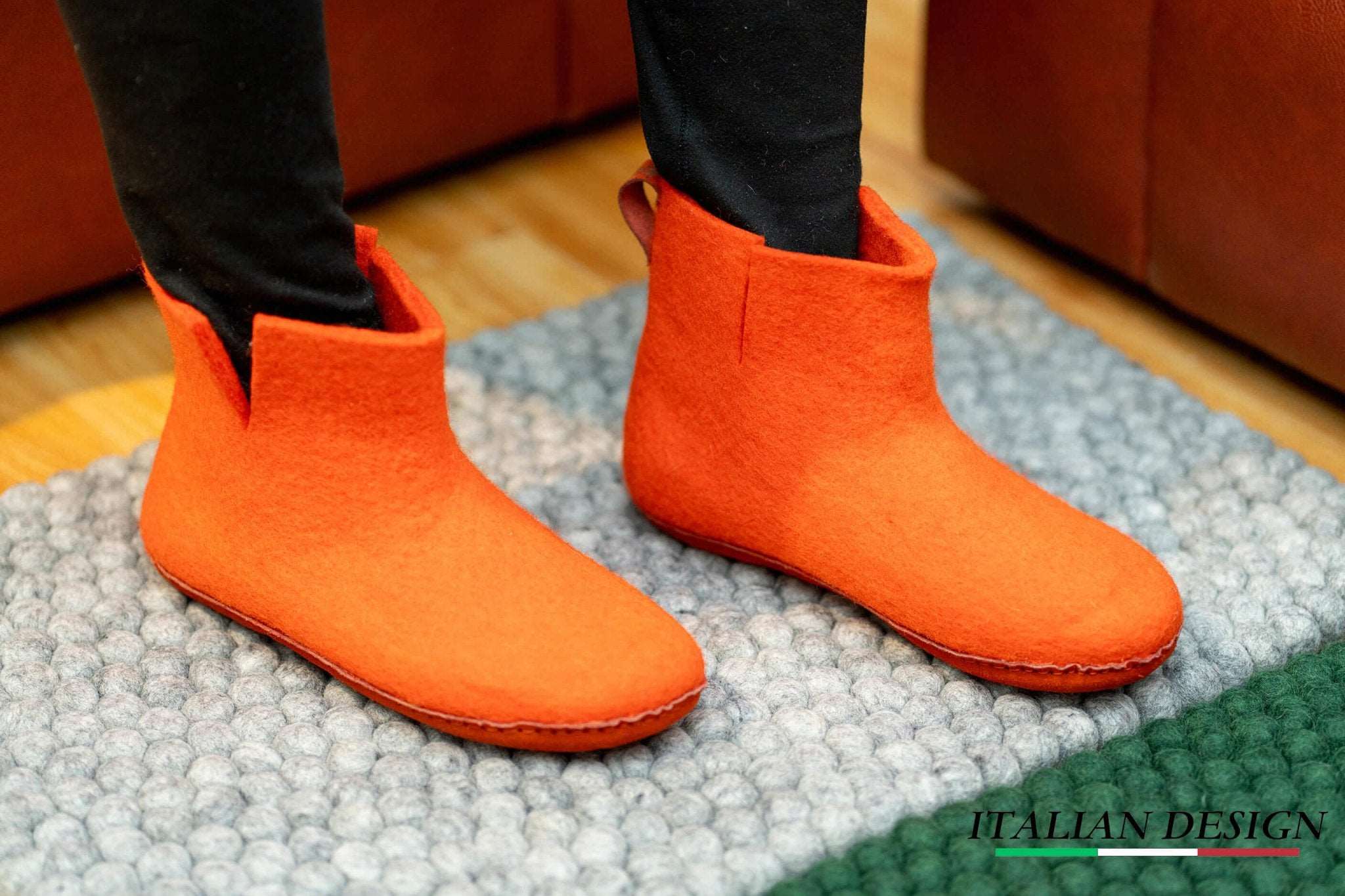 Indoor Boots With Leather Sole - Orange - Woollyes