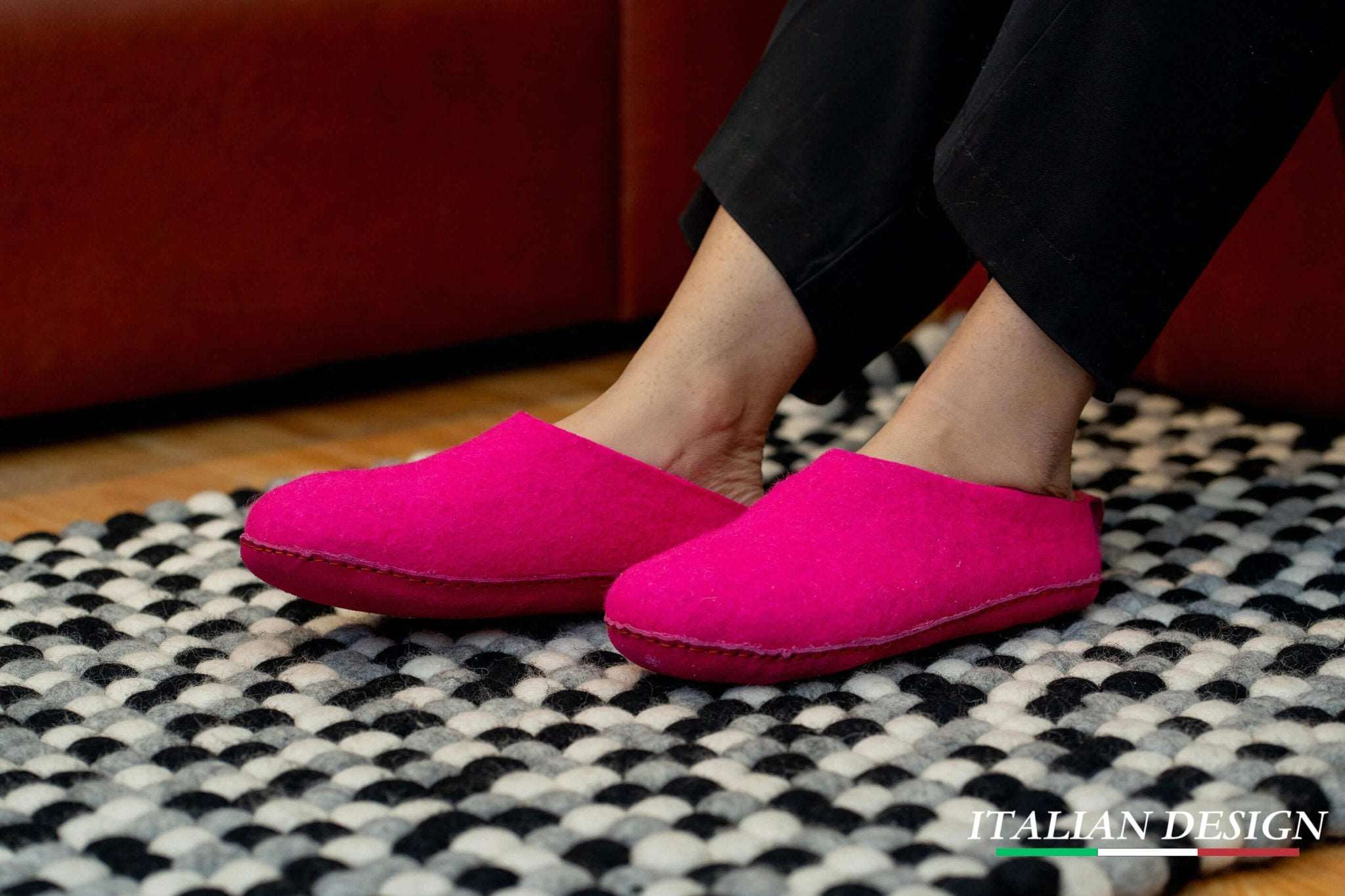 Indoor Open Heel Slippers With Leather Sole - Fuchsia - Woollyes