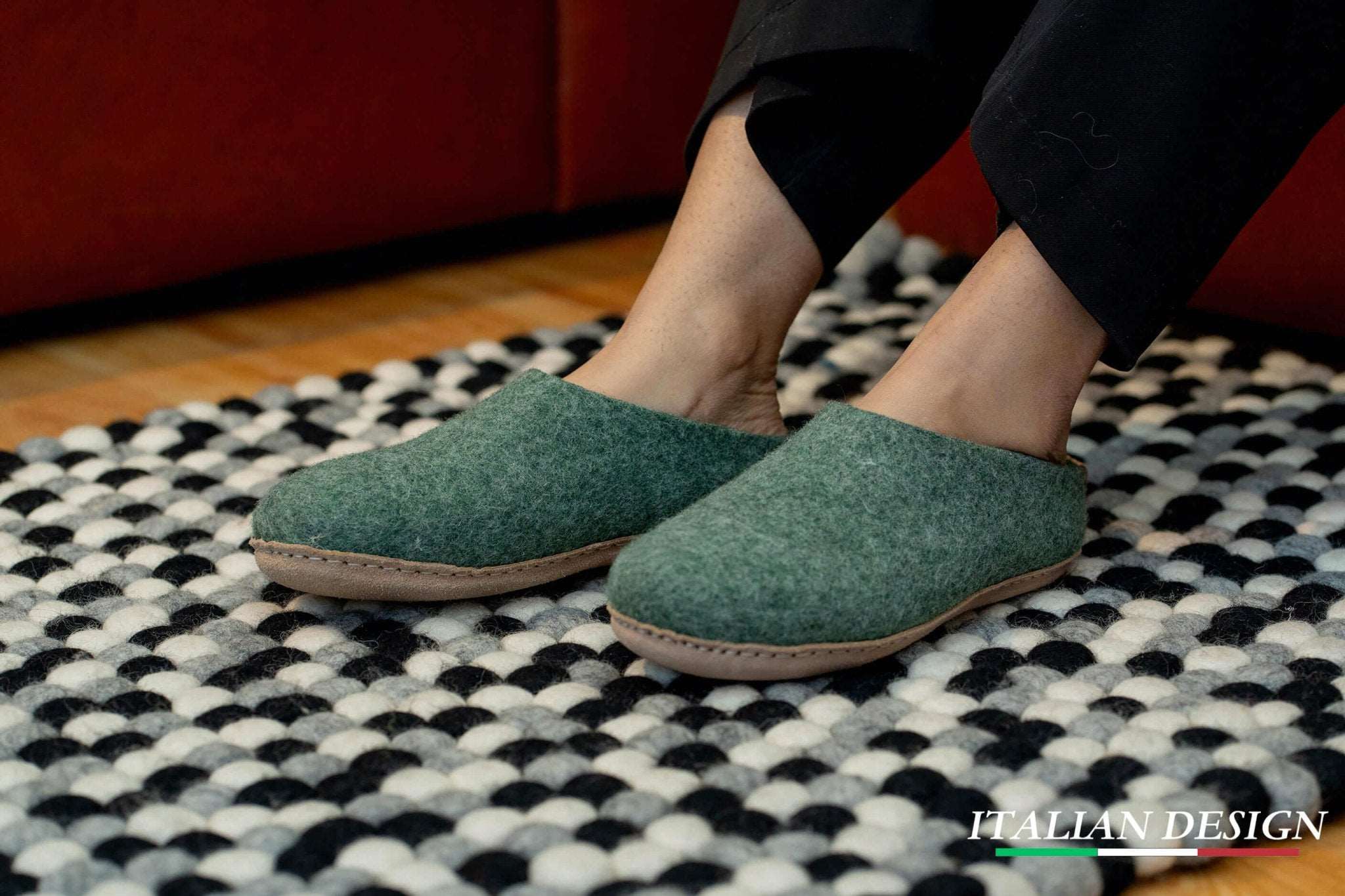 Indoor Open Heel Slippers With Leather Sole - Jungle Green - Woollyes