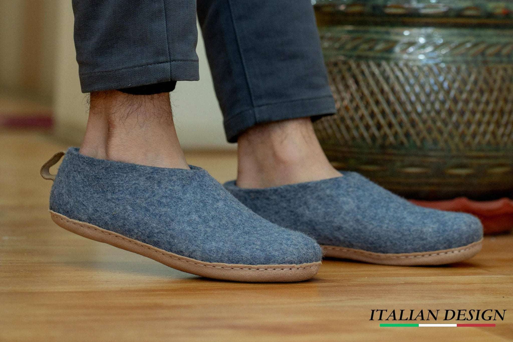 Indoor Shoes With Leather Sole - Denim - Woollyes