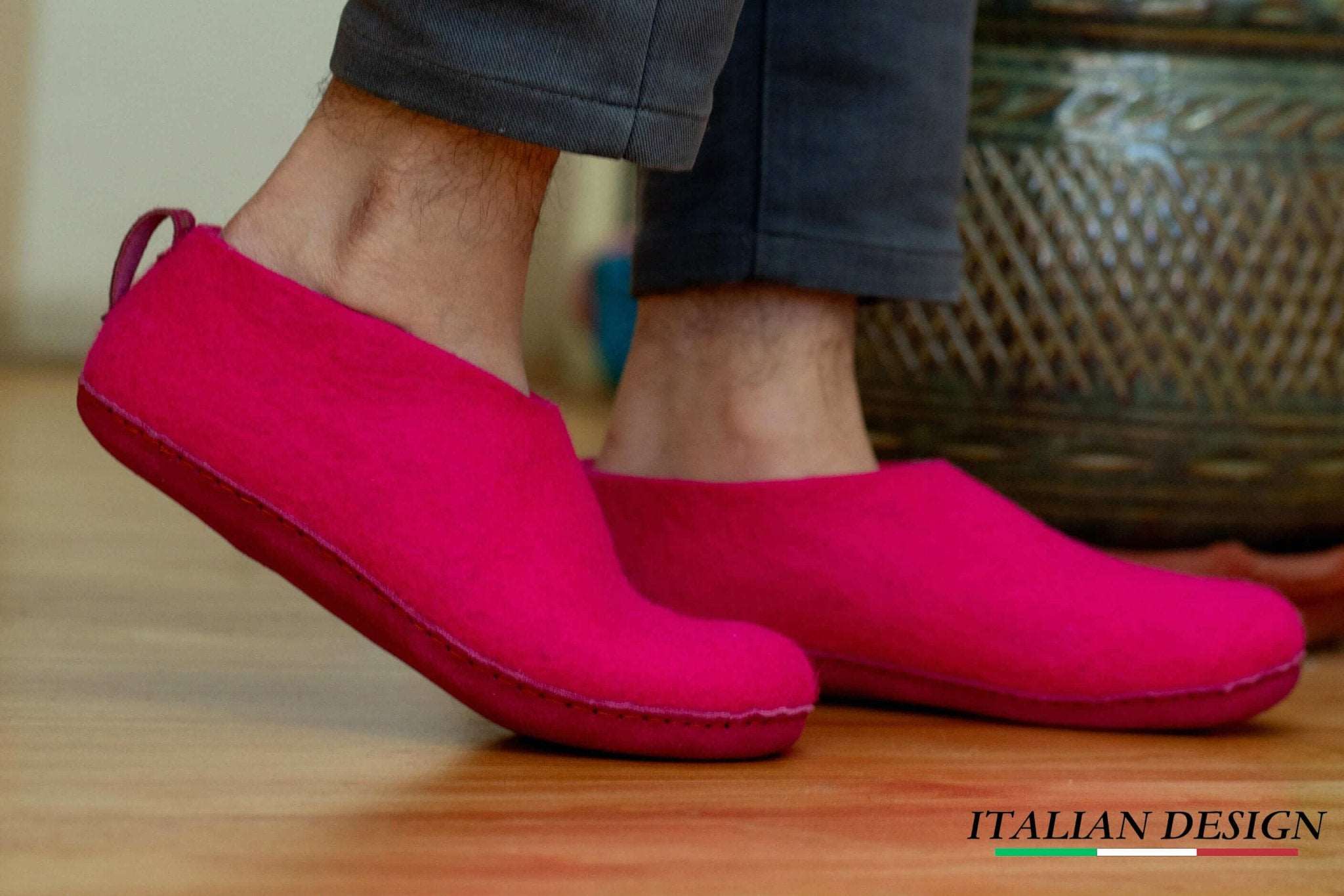 Indoor Shoes With Leather Sole - Fuchsia - Woollyes