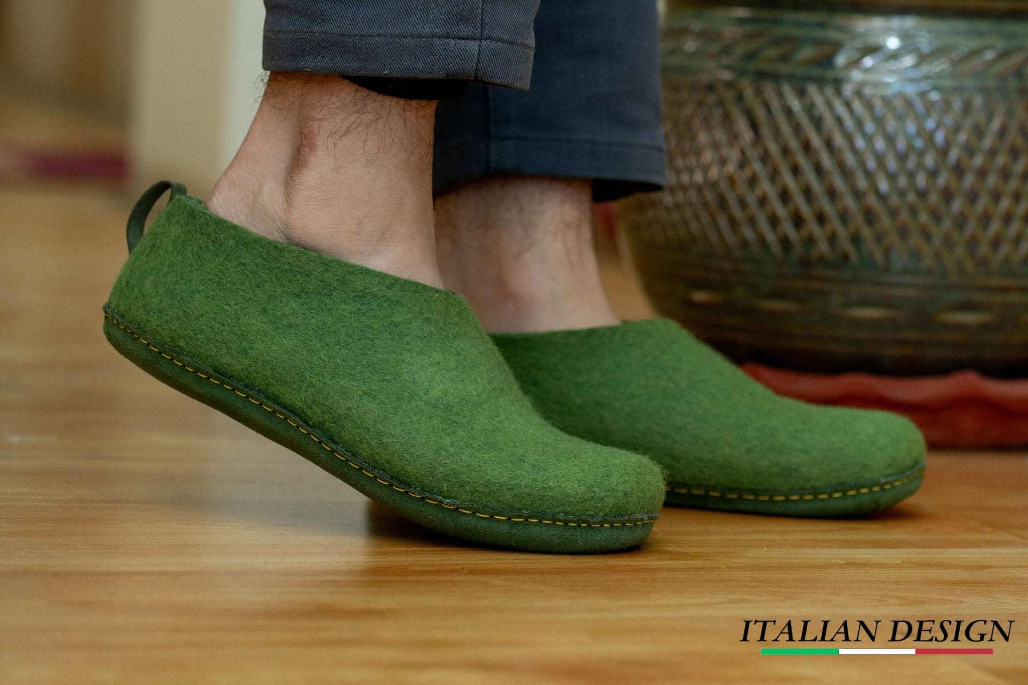 Indoor Shoes With Leather Sole - Green - Woollyes