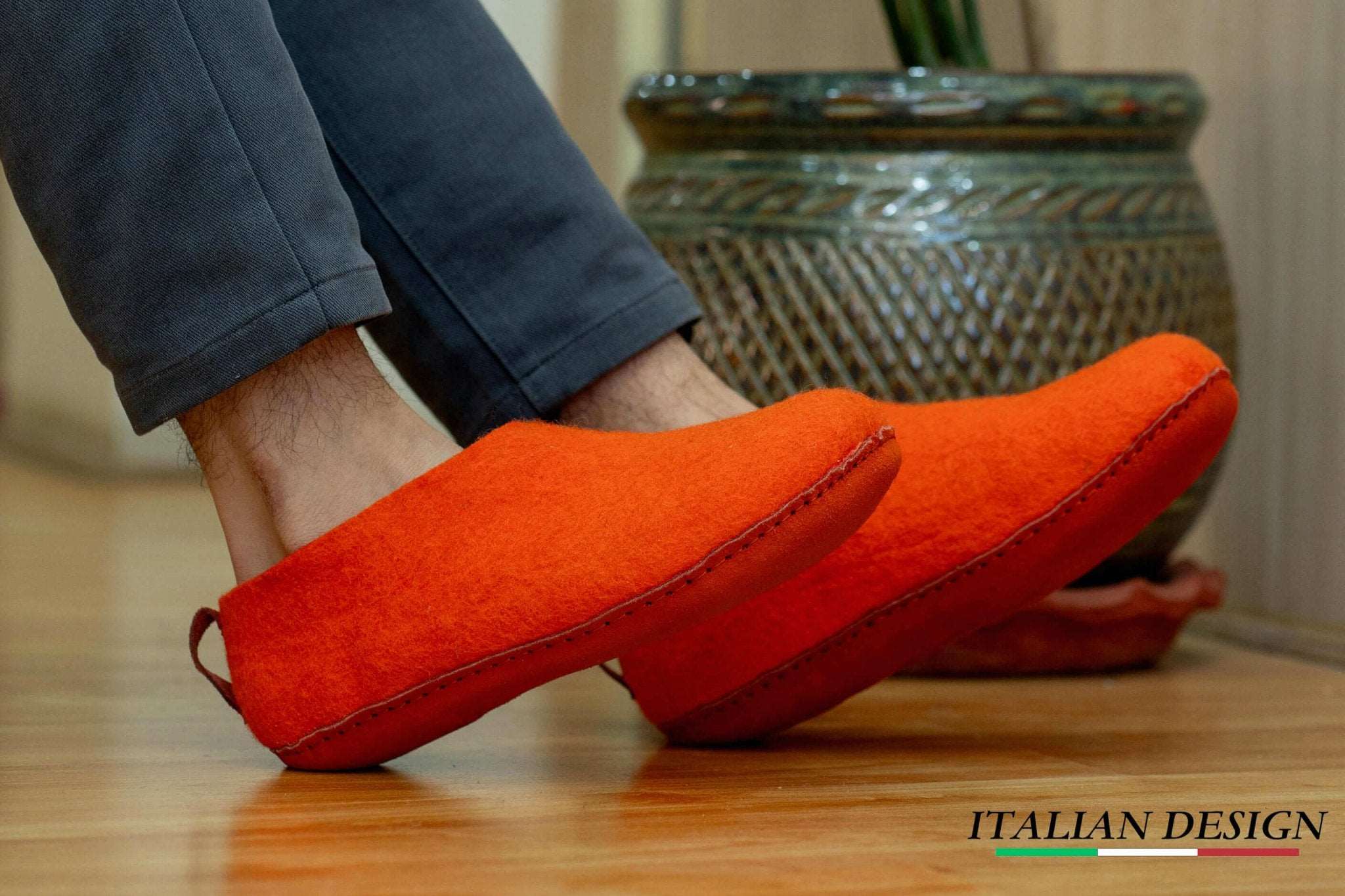 Indoor Shoes With Leather Sole - Orange - Woollyes