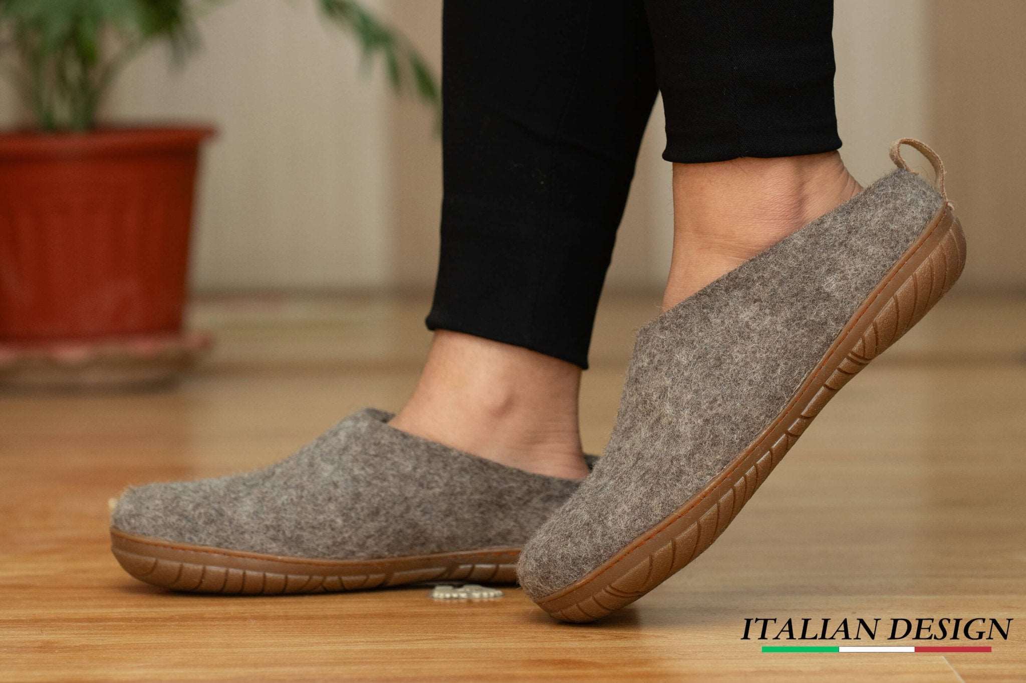Outdoor Open Heel Slippers With Leather Sole - Natural Brown - Woollyes - Felt slip-on for Ladies and Women's