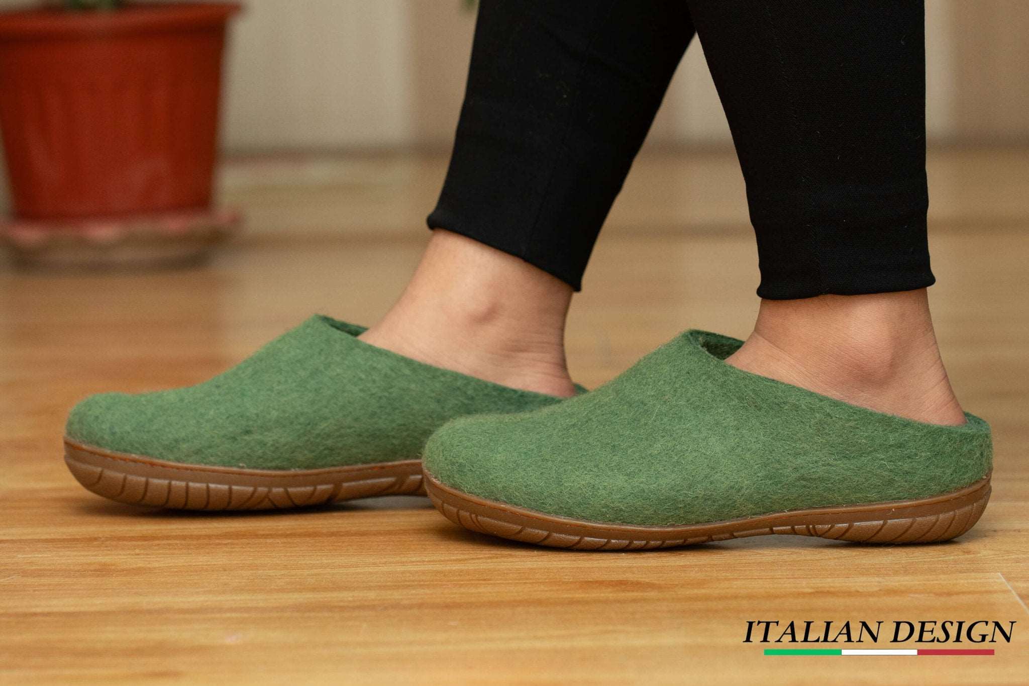 Outdoor Open Heel Slippers With Rubber Sole - Green - Woollyes Handmade Felt Slipper in Green for ladies
