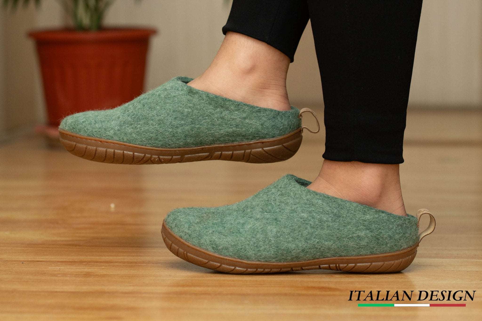 Outdoor Open Heel Slippers With Rubber Sole - Jungle Green - Woollyes felt shoes for man