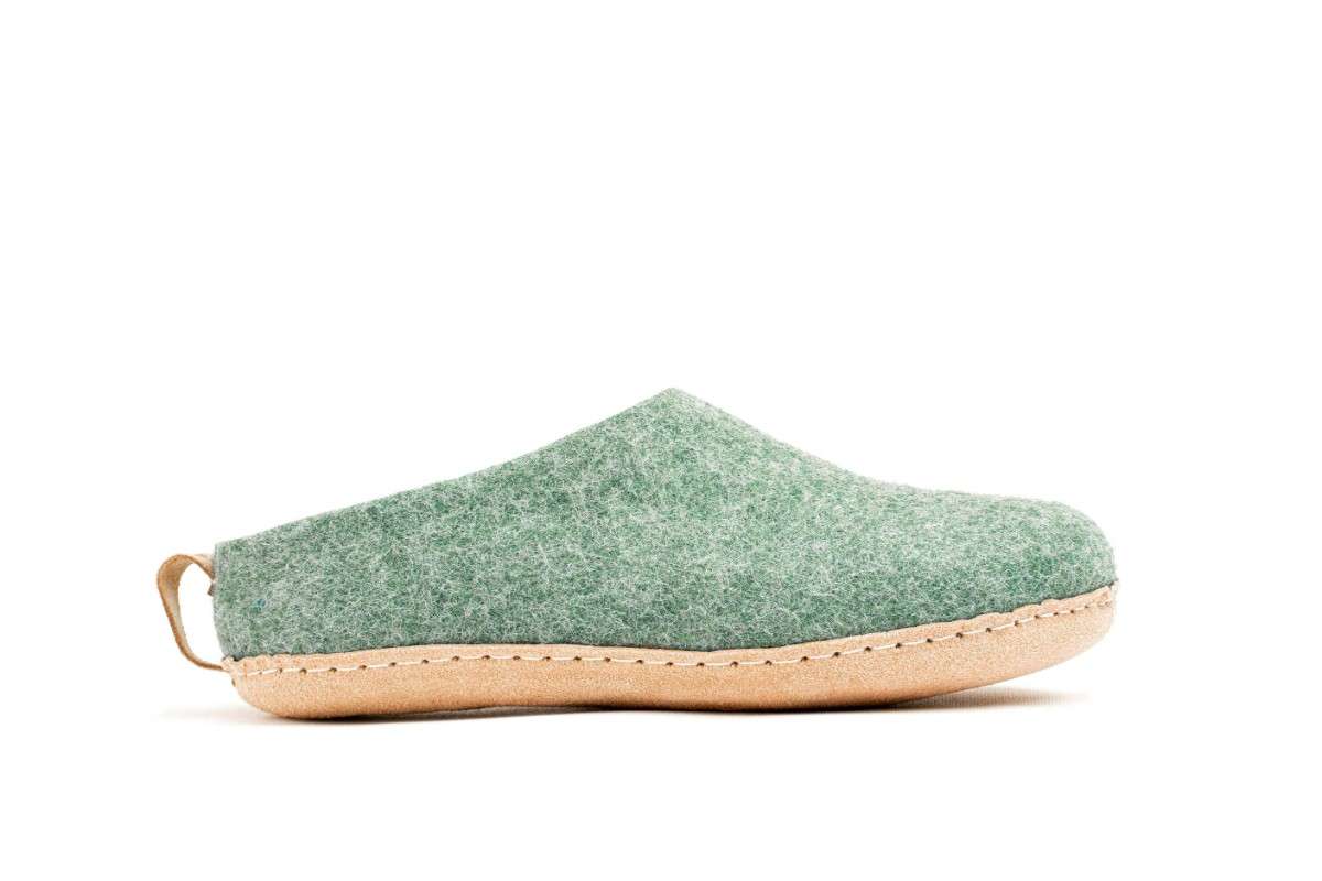 Indoor Open Heel Slippers With Leather Sole - Green