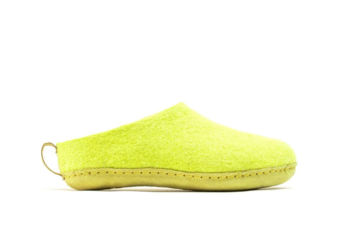 Indoor Open Heel Slippers With Leather Sole - Lime Green