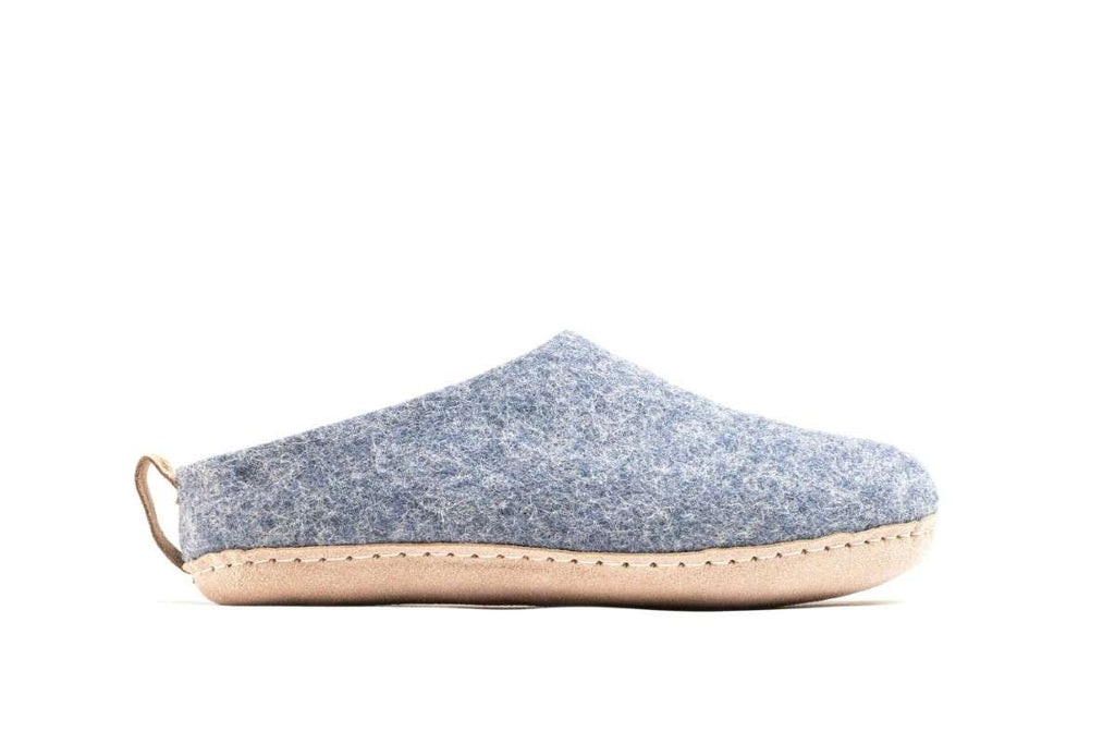 Indoor Open Heel Slippers With Leather Sole - Denim