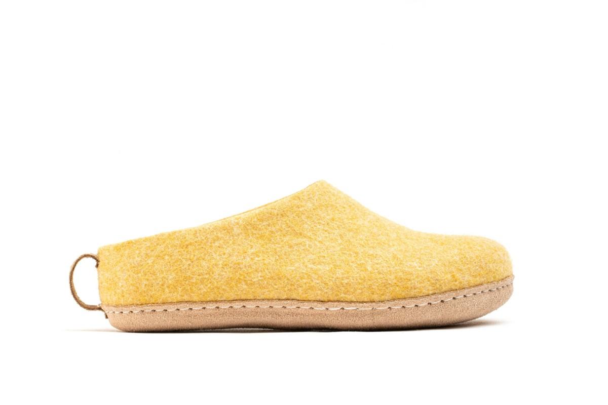 Indoor Open Heel Slippers With Leather Sole - Mustard