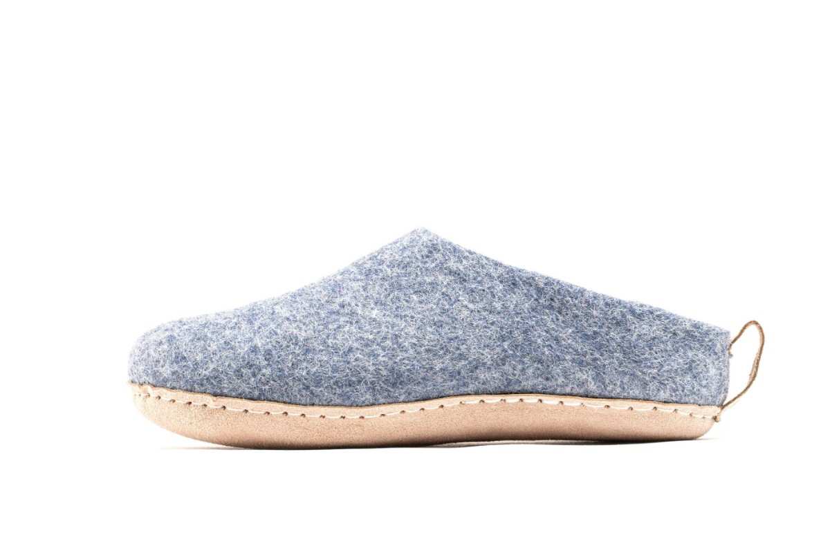 Indoor Open Heel Slippers With Leather Sole - Denim