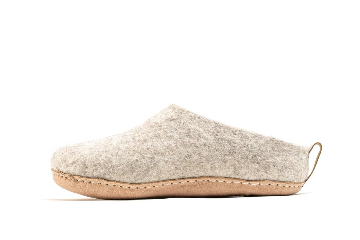 Indoor Open Heel Slippers With Leather Sole - Light Brown