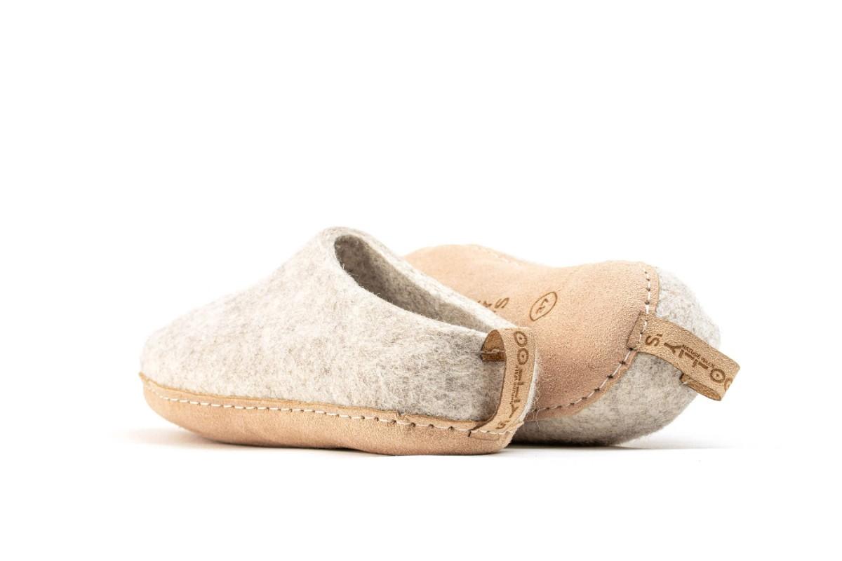 Indoor Open Heel Slippers With Leather Sole - Light Brown