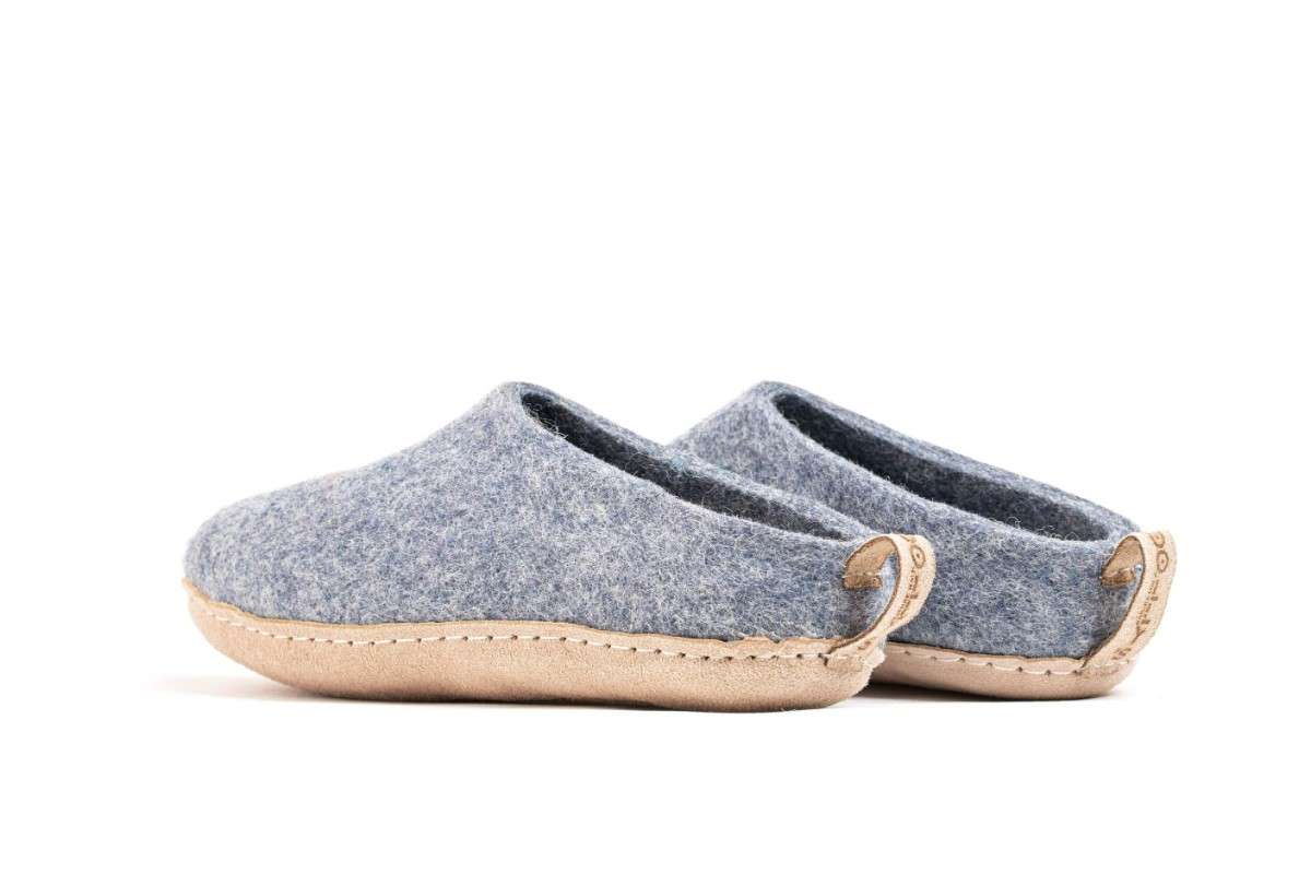 Chaussons d'intérieur à talon ouvert avec semelle en cuir - Denim