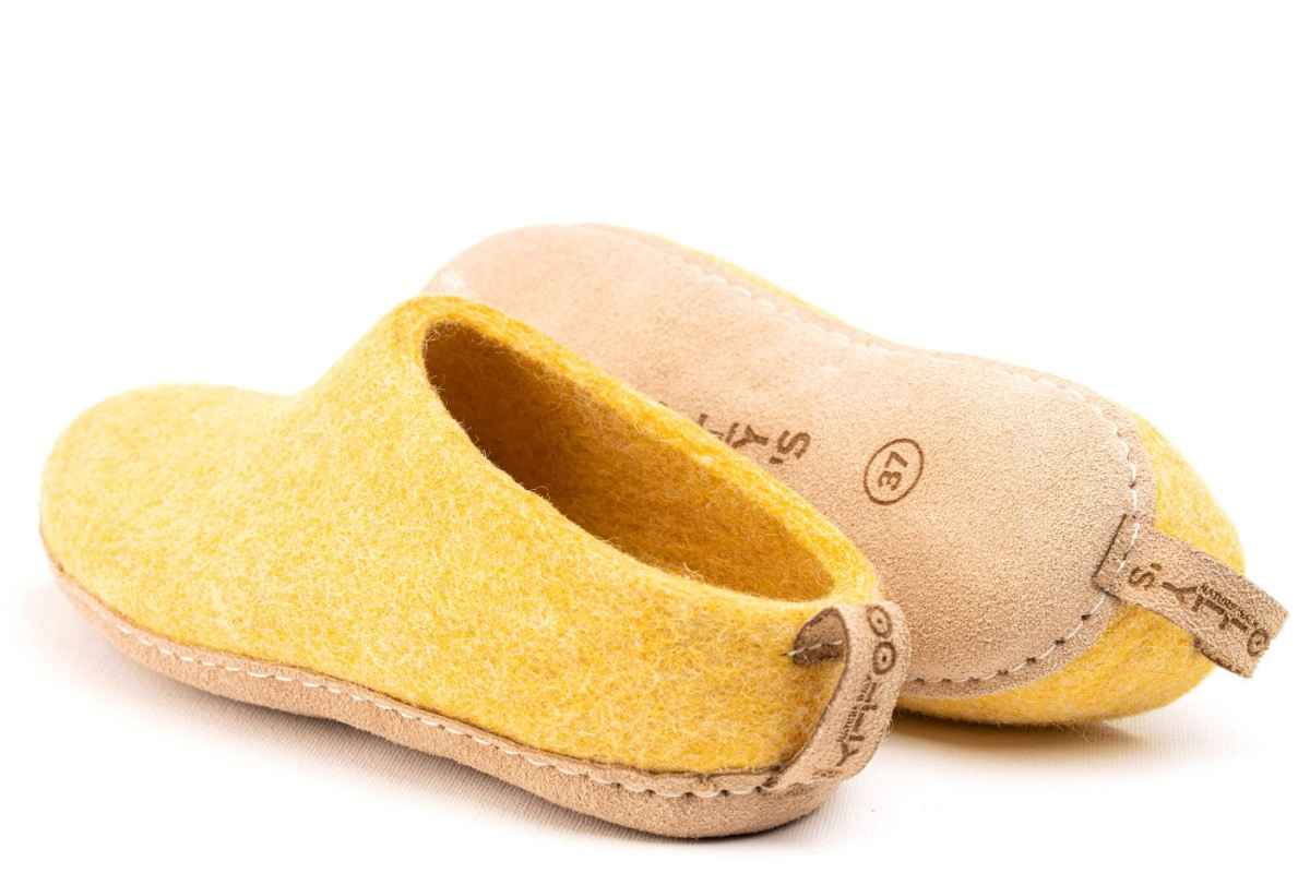 Indoor Open Heel Slippers With Leather Sole - Mustard