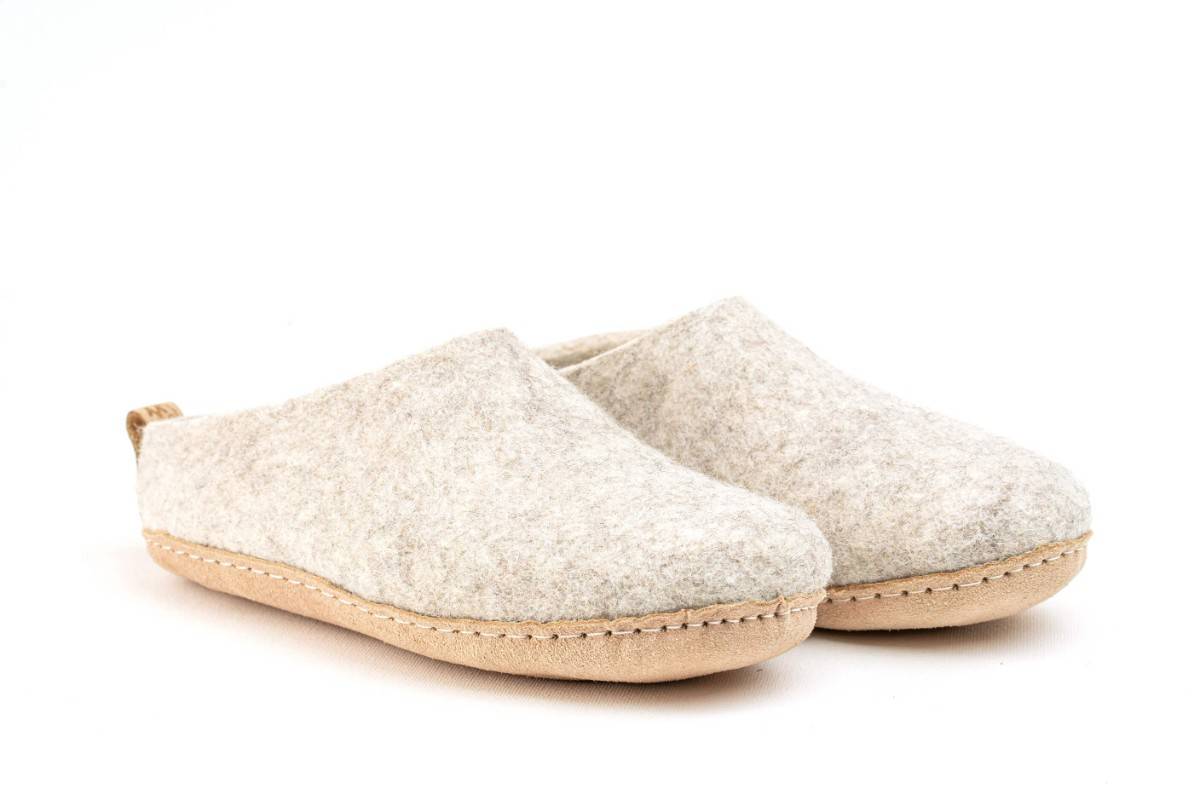 Indoor Open Heel Slippers With Leather Sole - Light Brown