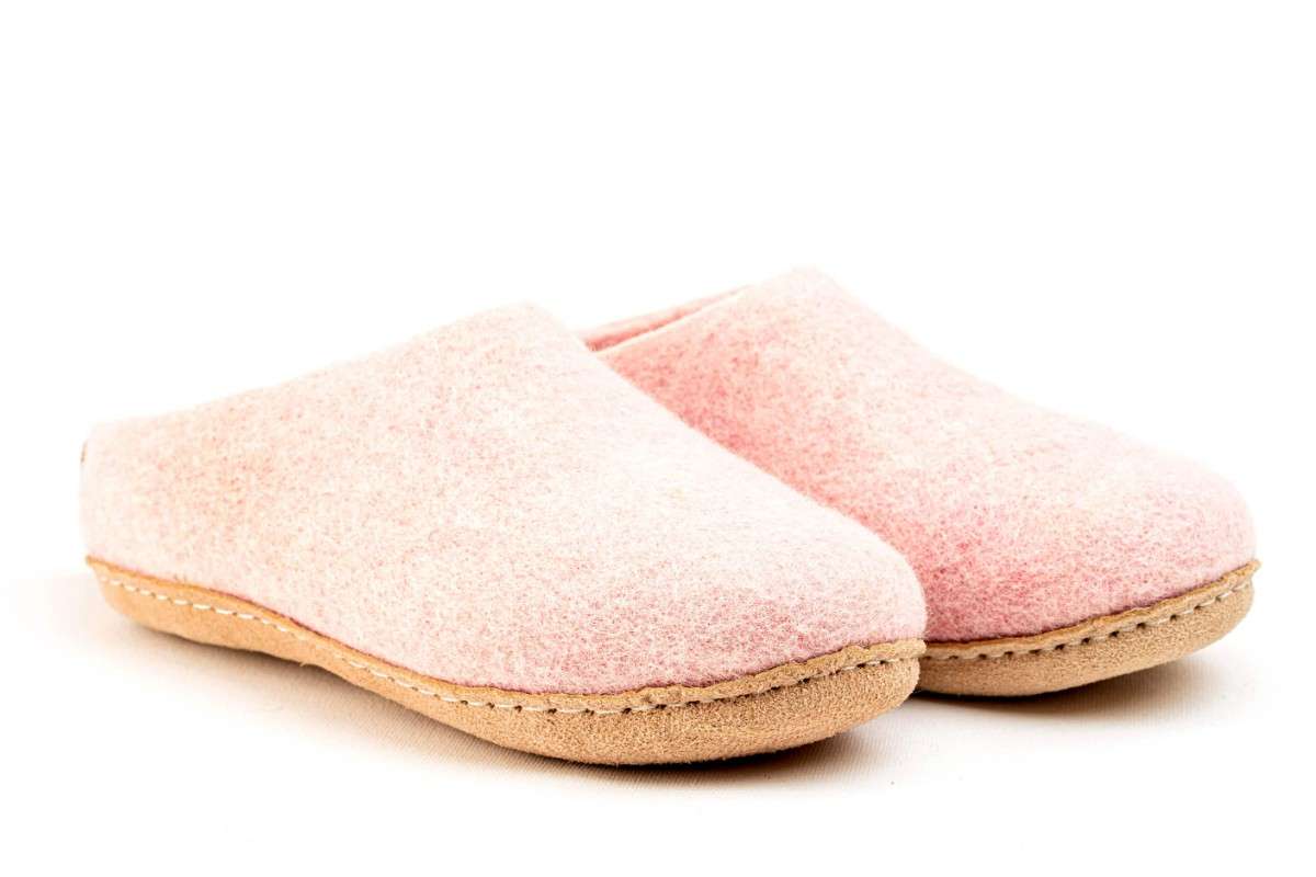 Indoor Open Heel Slippers With Leather Sole - Baby Pink