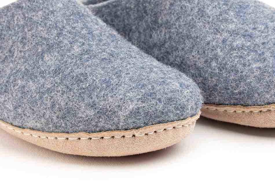 Indoor Open Heel Slippers With Leather Sole - Denim