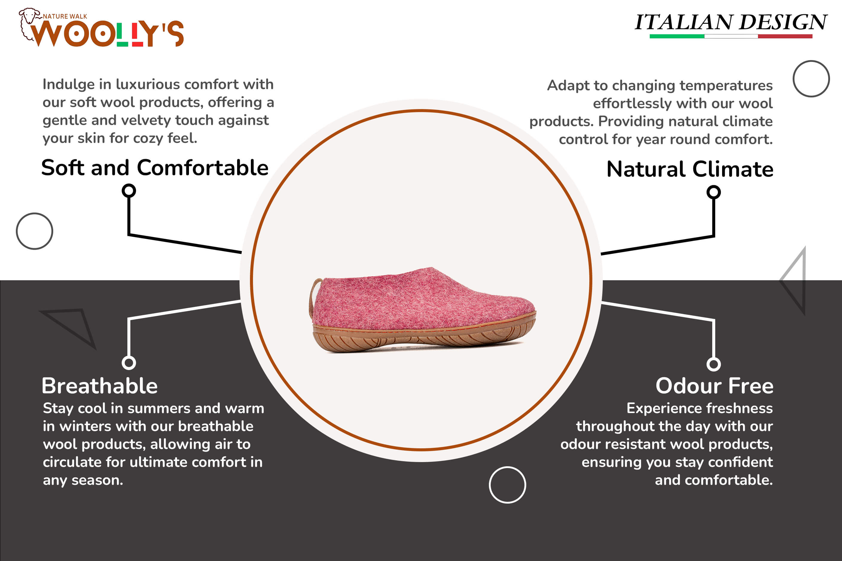 Features of Woollyes Outdoor Felt Shoes With Rubber Sole - Cherry Pink Feature
