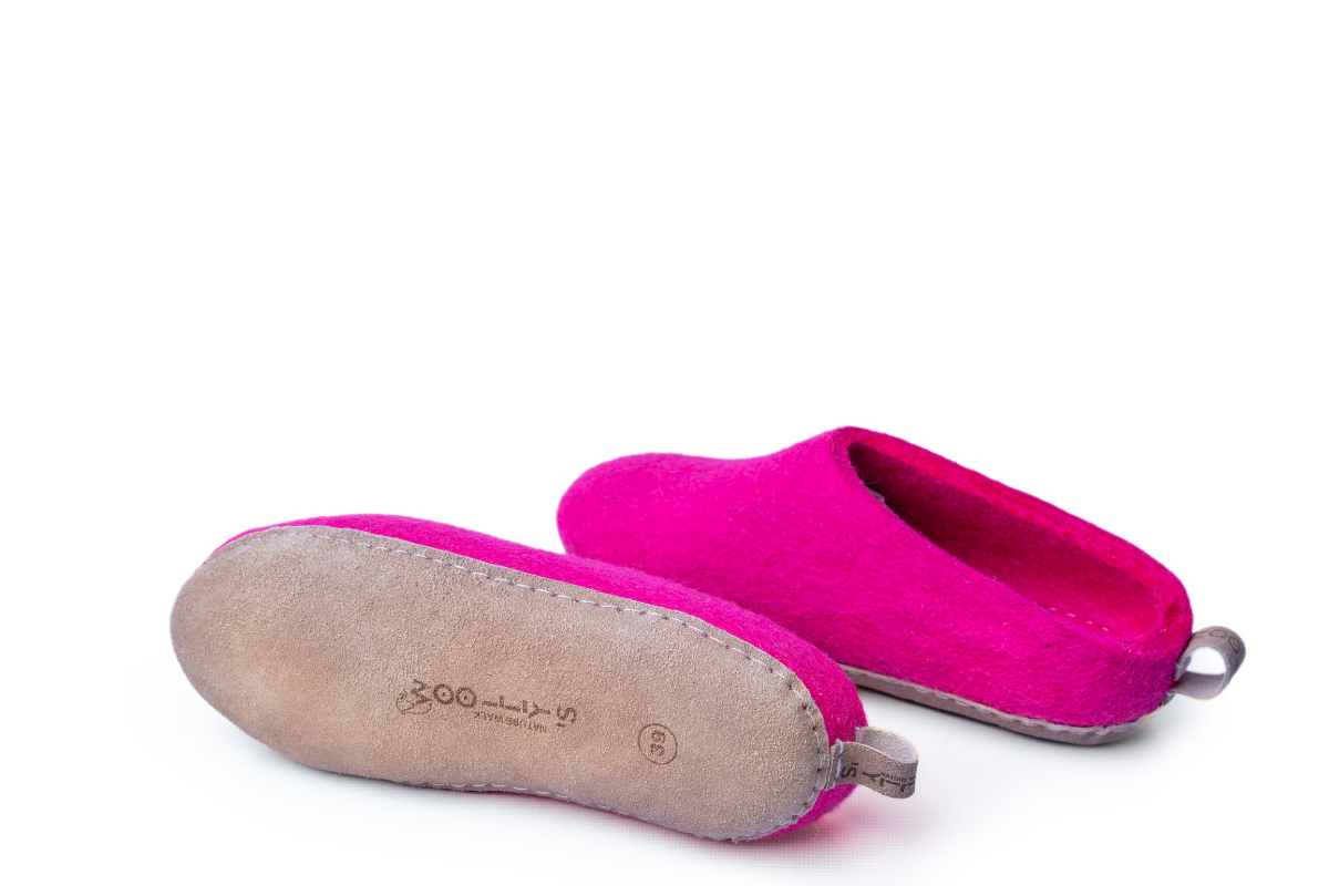 Indoor Open Heel Slippers With Leather Sole - Fuchsia