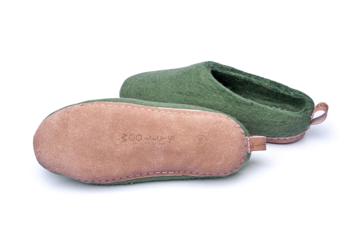 Indoor Open Heel Slippers With Leather Sole - Green