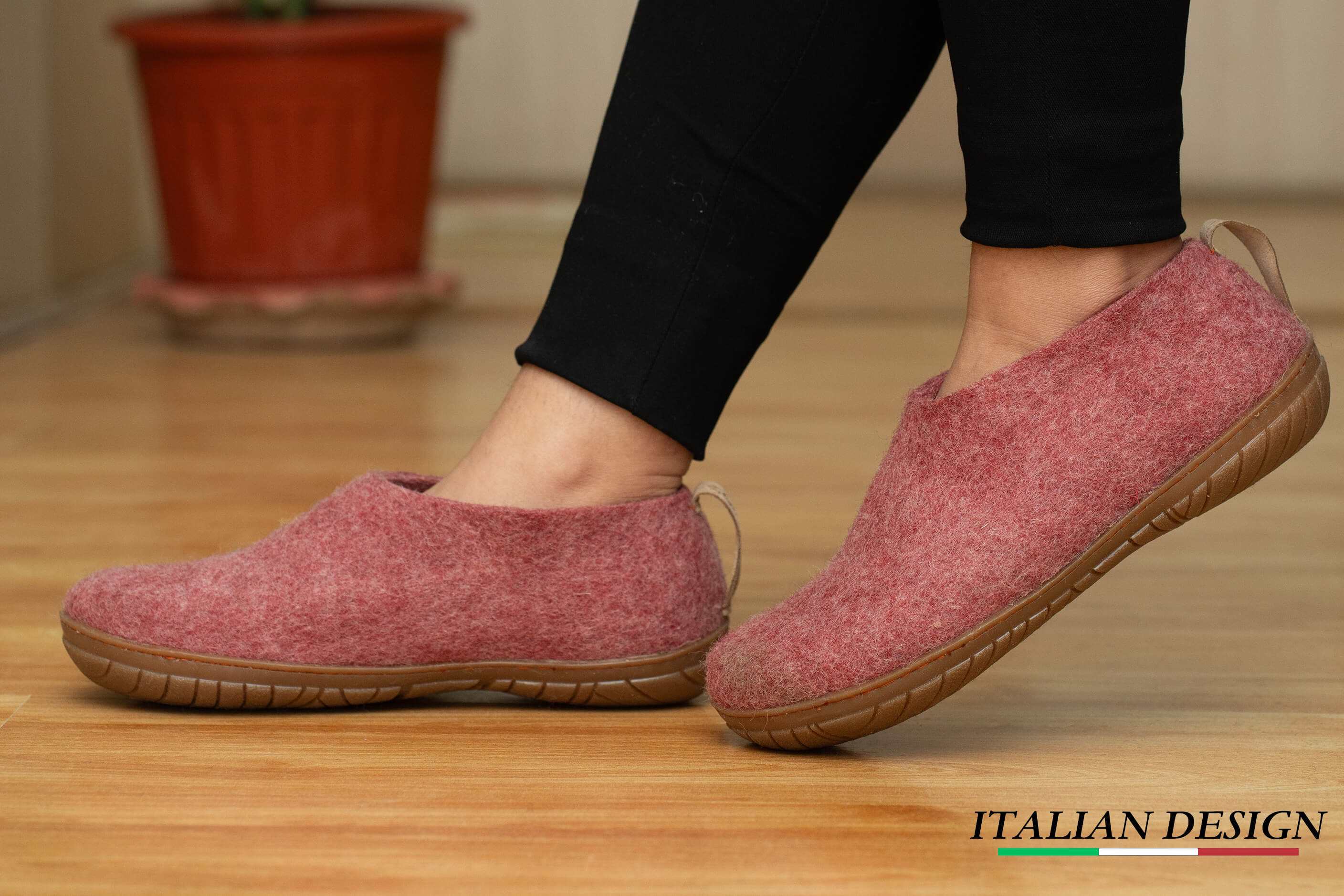 Woollyes  Outdoor Felted wool Shoes With Rubber Sole - Cherry Pink