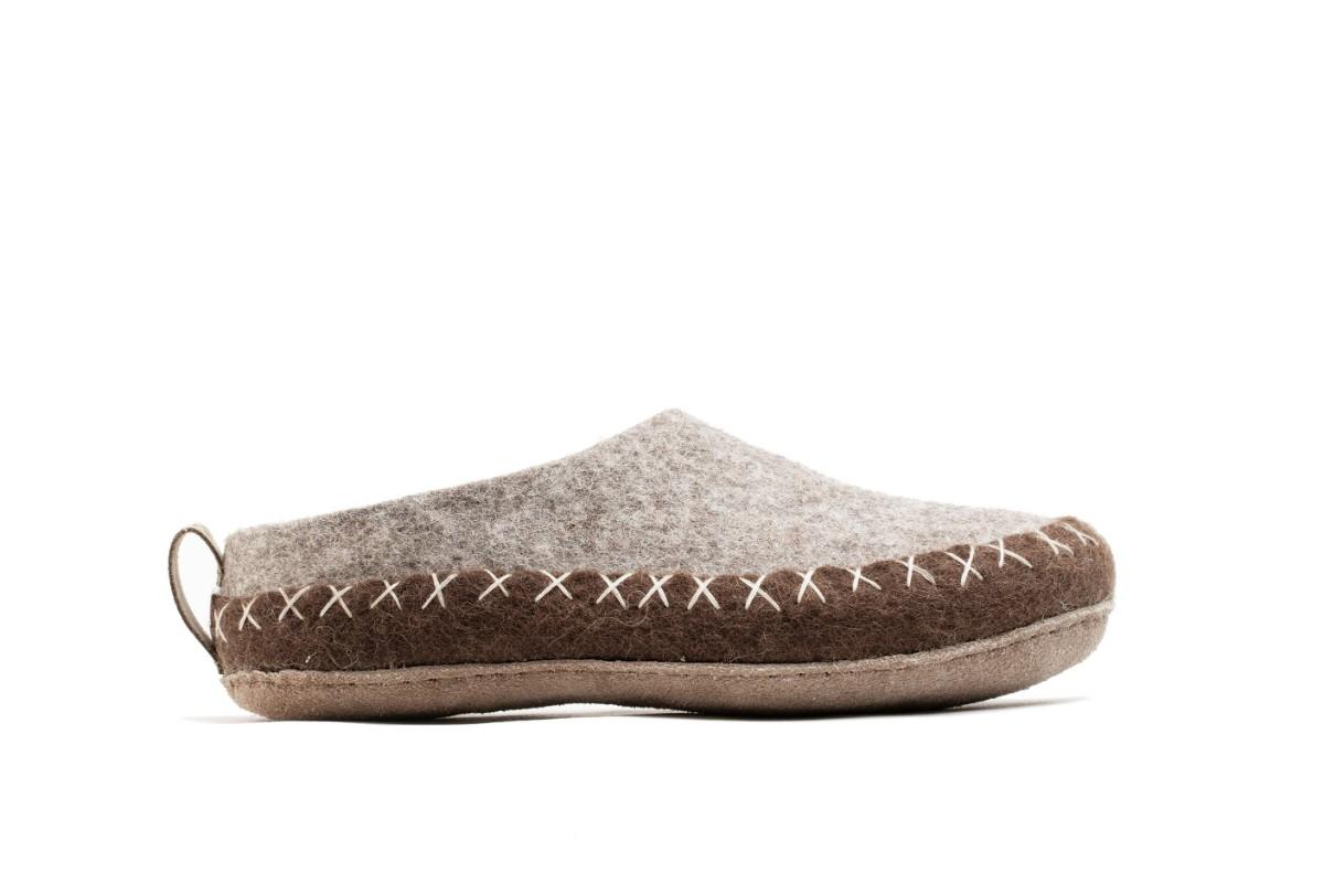 Indoor Open Heel Slipper With Leather Sole - Natural Brown & Light Brown