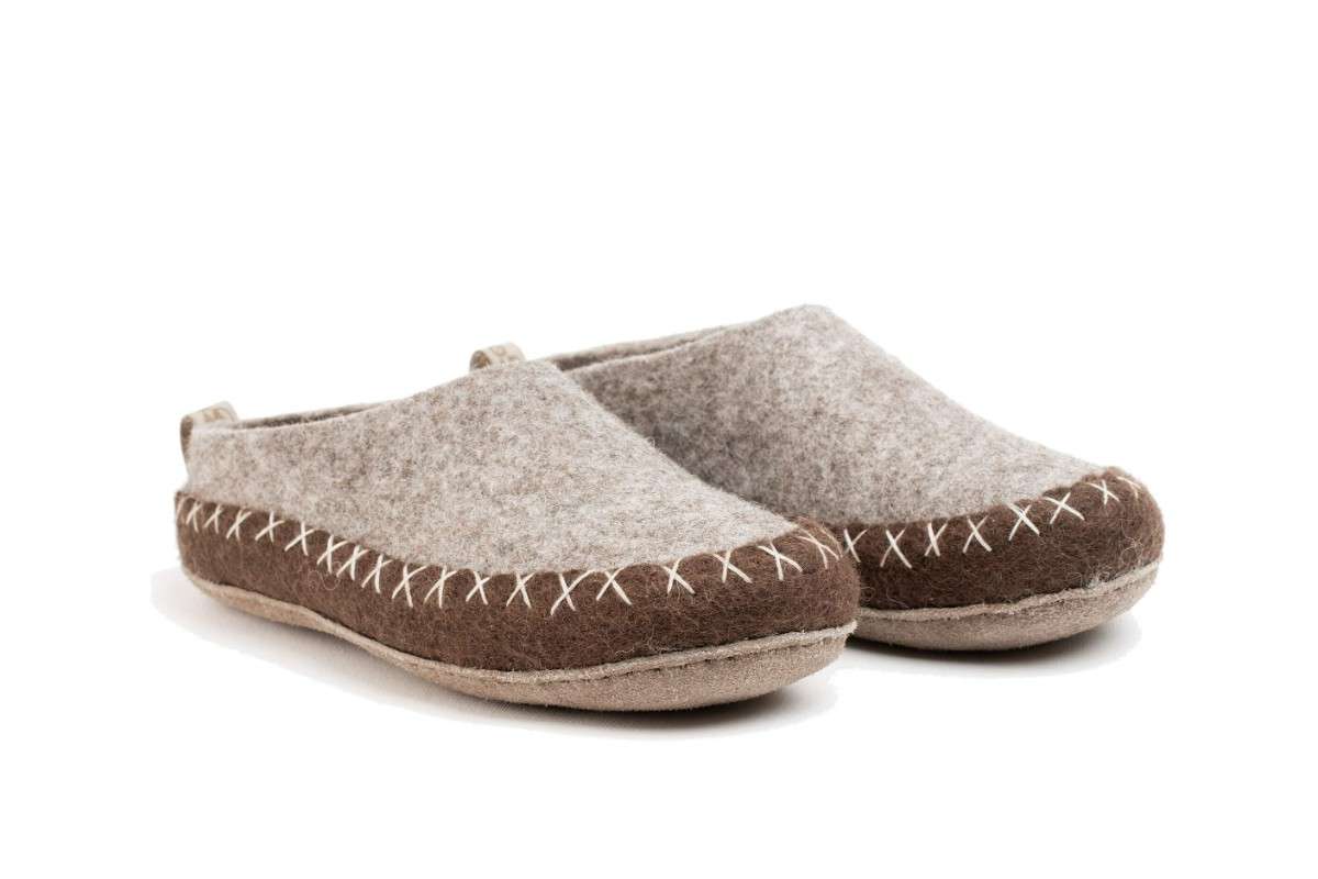 Indoor Open Hiel Slipper Met Leren Sole-Natuurlijk Bruin &amp; Lichtbruin