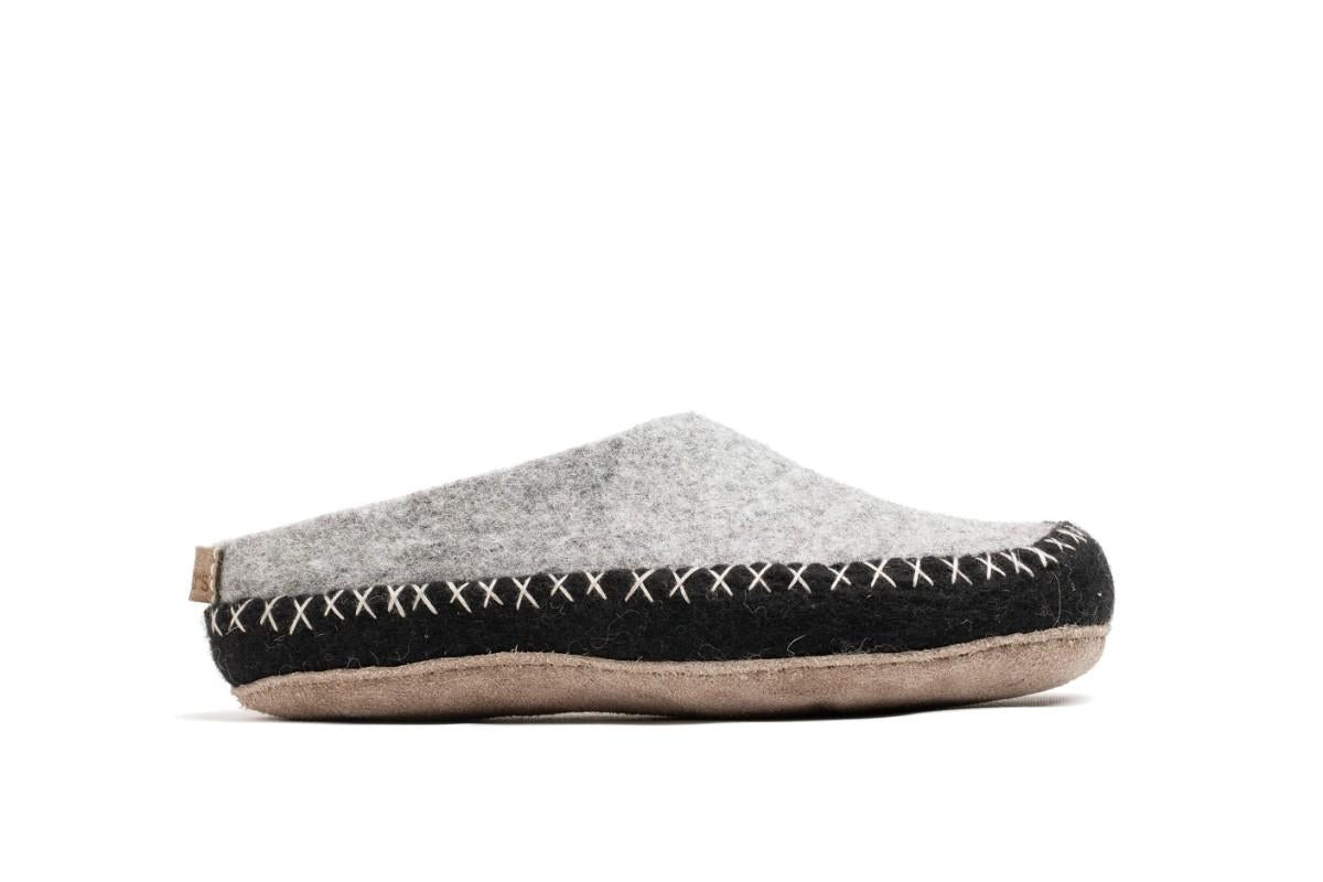 Indoor Open Heel Slipper With Leather Sole - Black & Grey