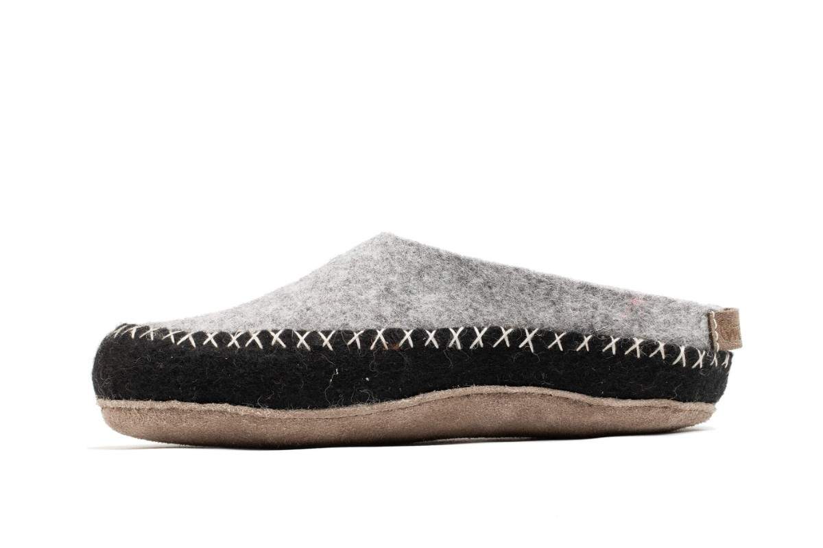 Indoor Open Heel Slipper With Leather Sole - Black & Grey