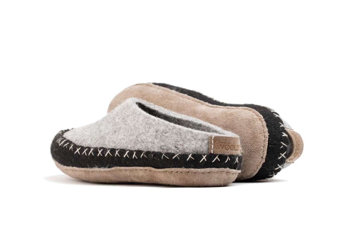 Indoor Open Heel Slipper With Leather Sole - Black & Grey