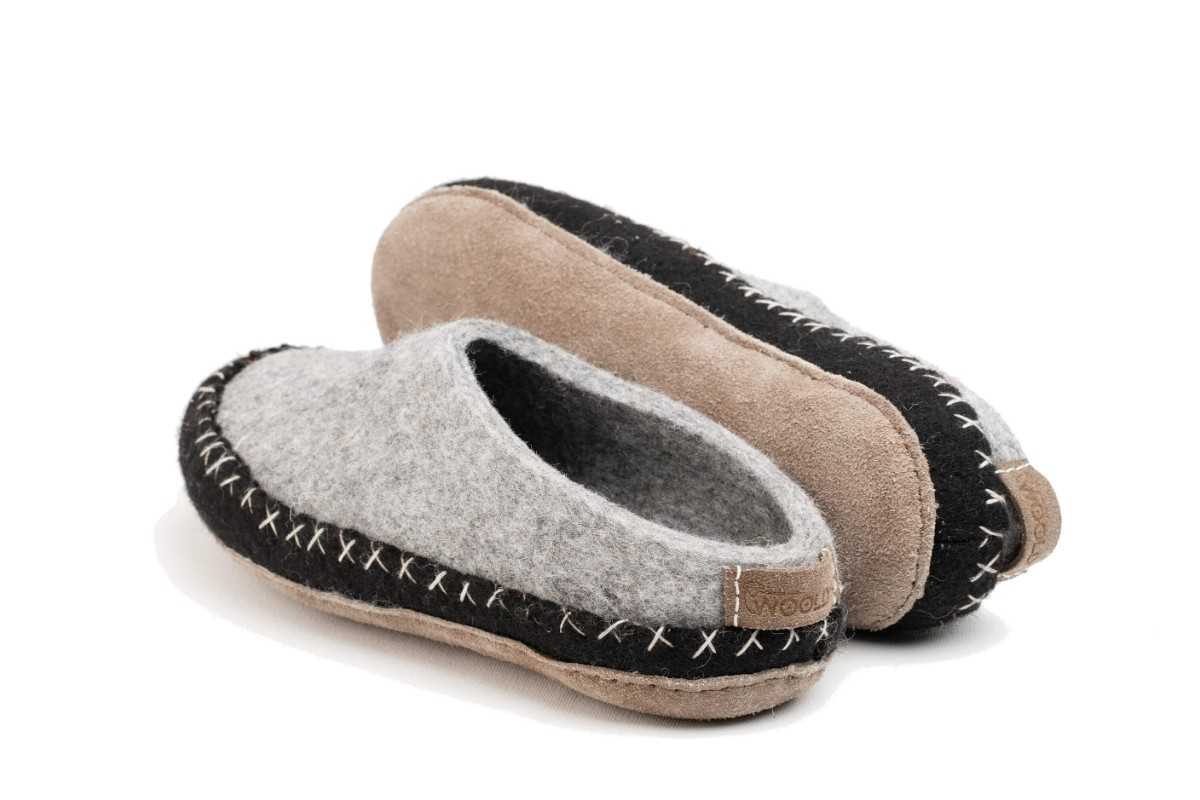 Indoor Open Heel Slipper With Leather Sole - Black & Grey